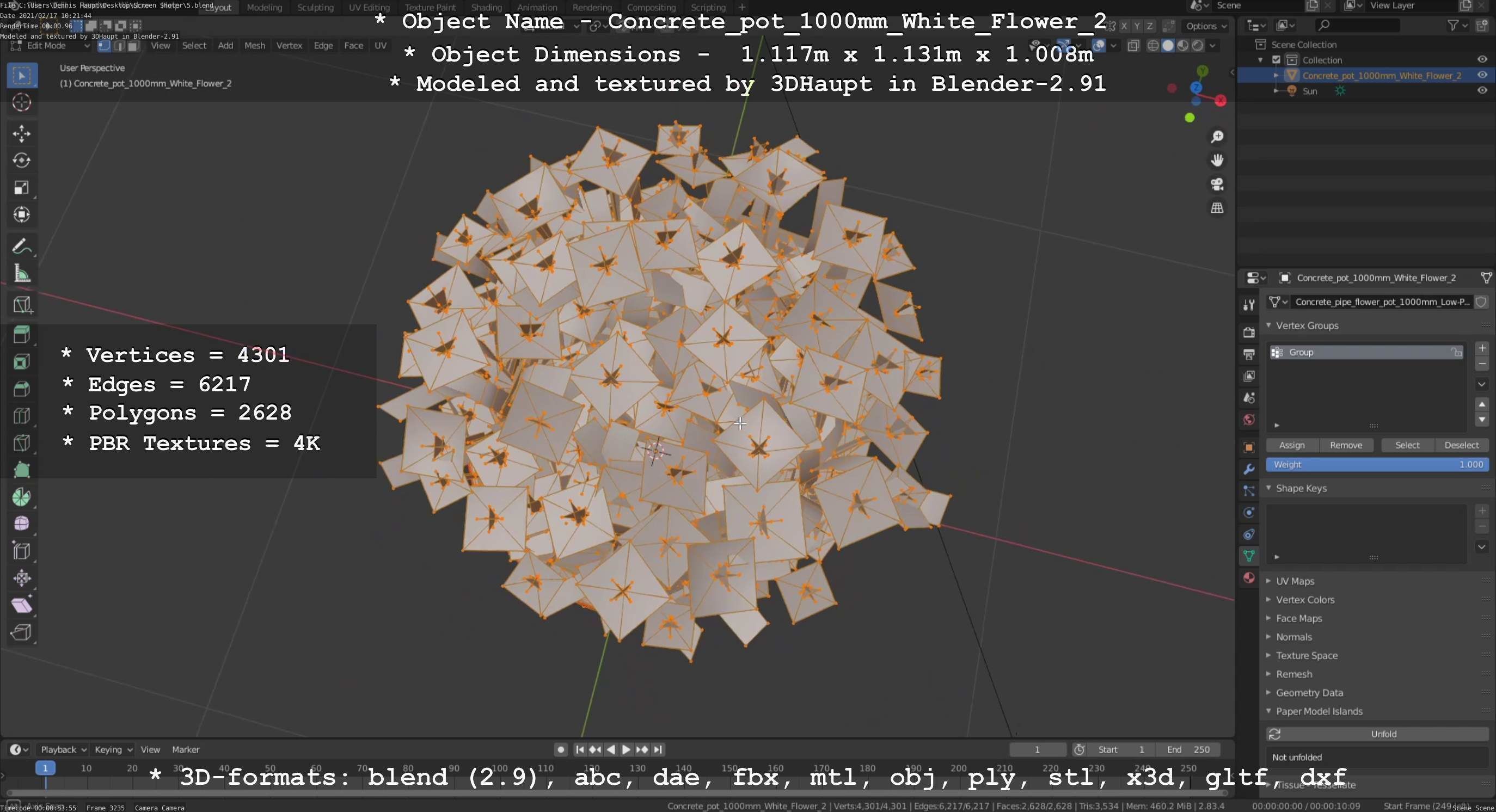 Concrete Pipe Pot 1000mm with White Version 2 Low-poly 3D model_76