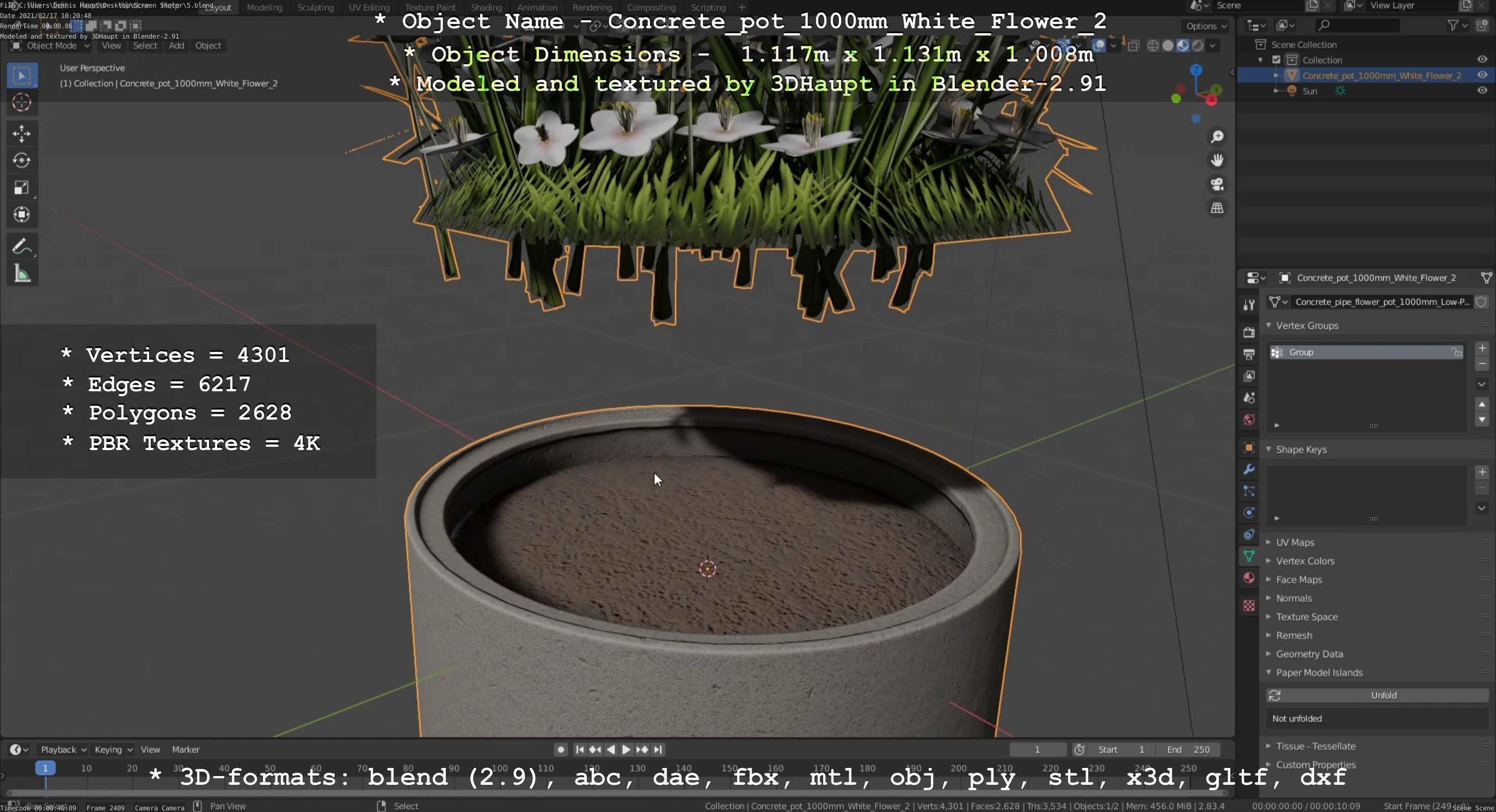 Concrete Pipe Pot 1000mm with White Version 2 Low-poly 3D model_44