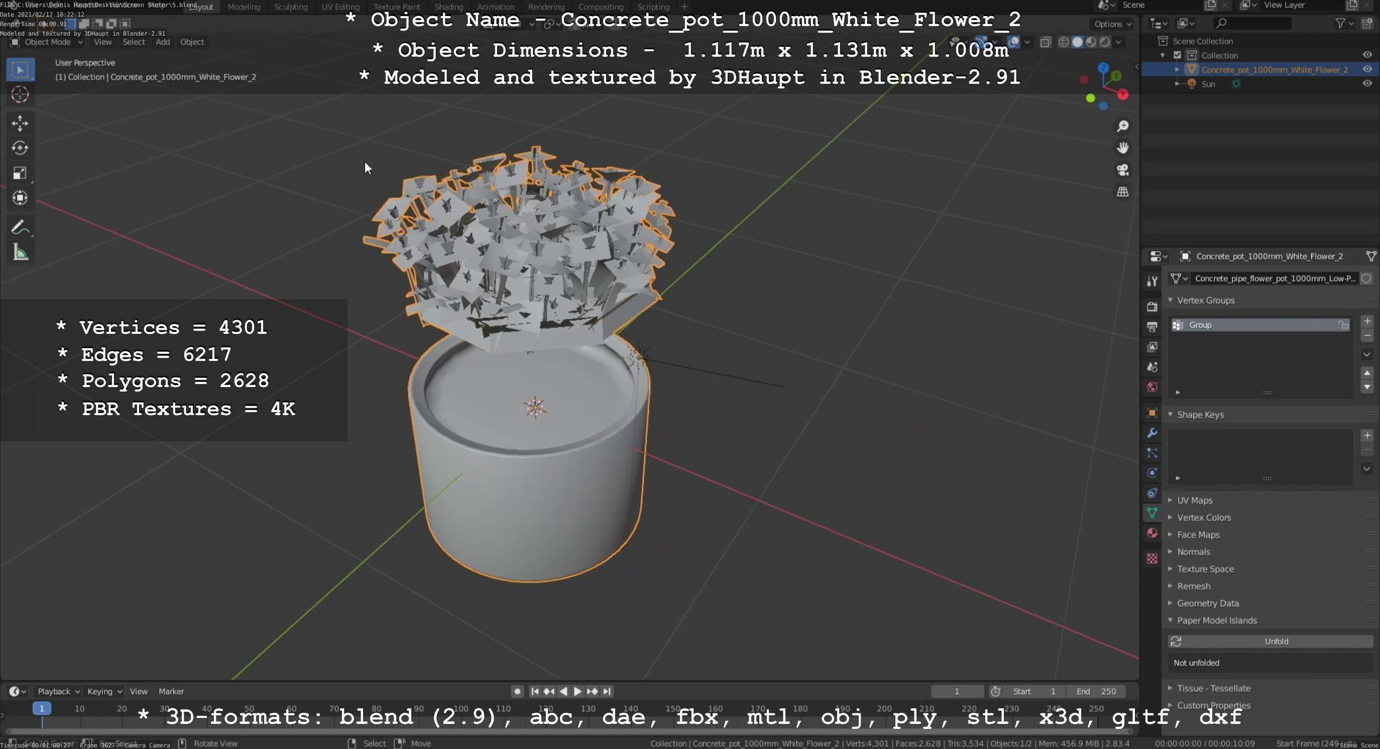 Concrete Pipe Pot 1000mm with White Version 2 Low-poly 3D model_87