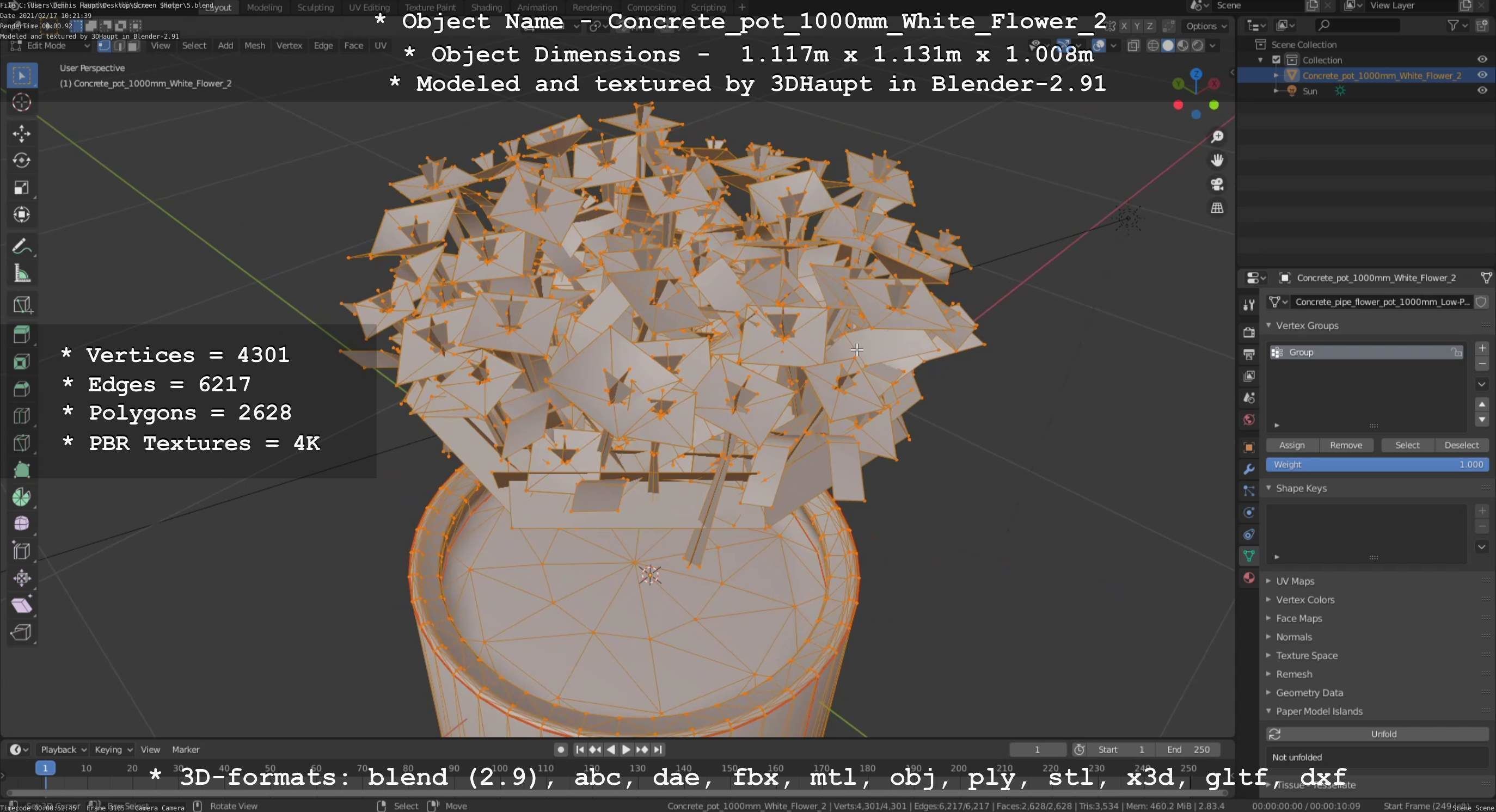 Concrete Pipe Pot 1000mm with White Version 2 Low-poly 3D model_69