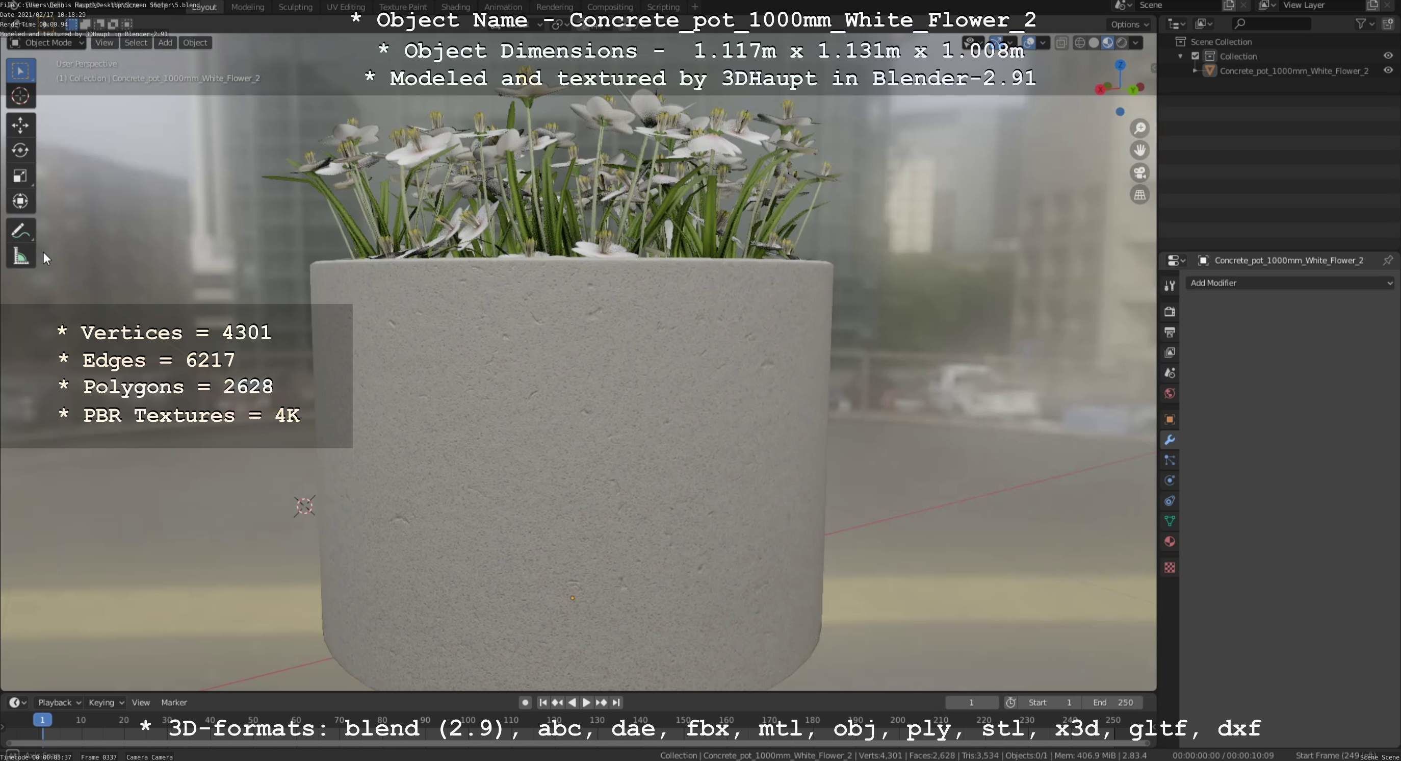 Concrete Pipe Pot 1000mm with White Version 2 Low-poly 3D model_108