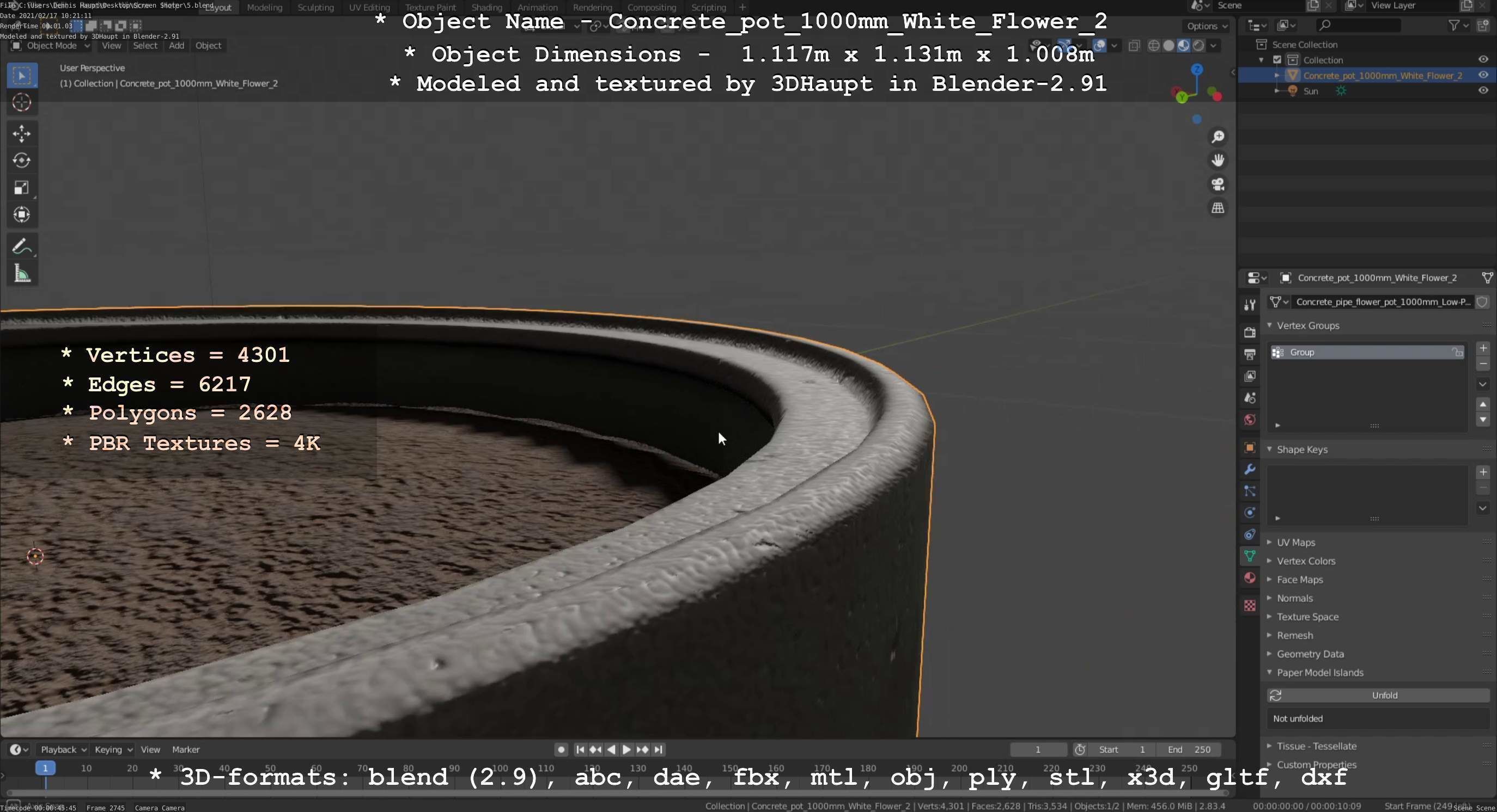 Concrete Pipe Pot 1000mm with White Version 2 Low-poly 3D model_53