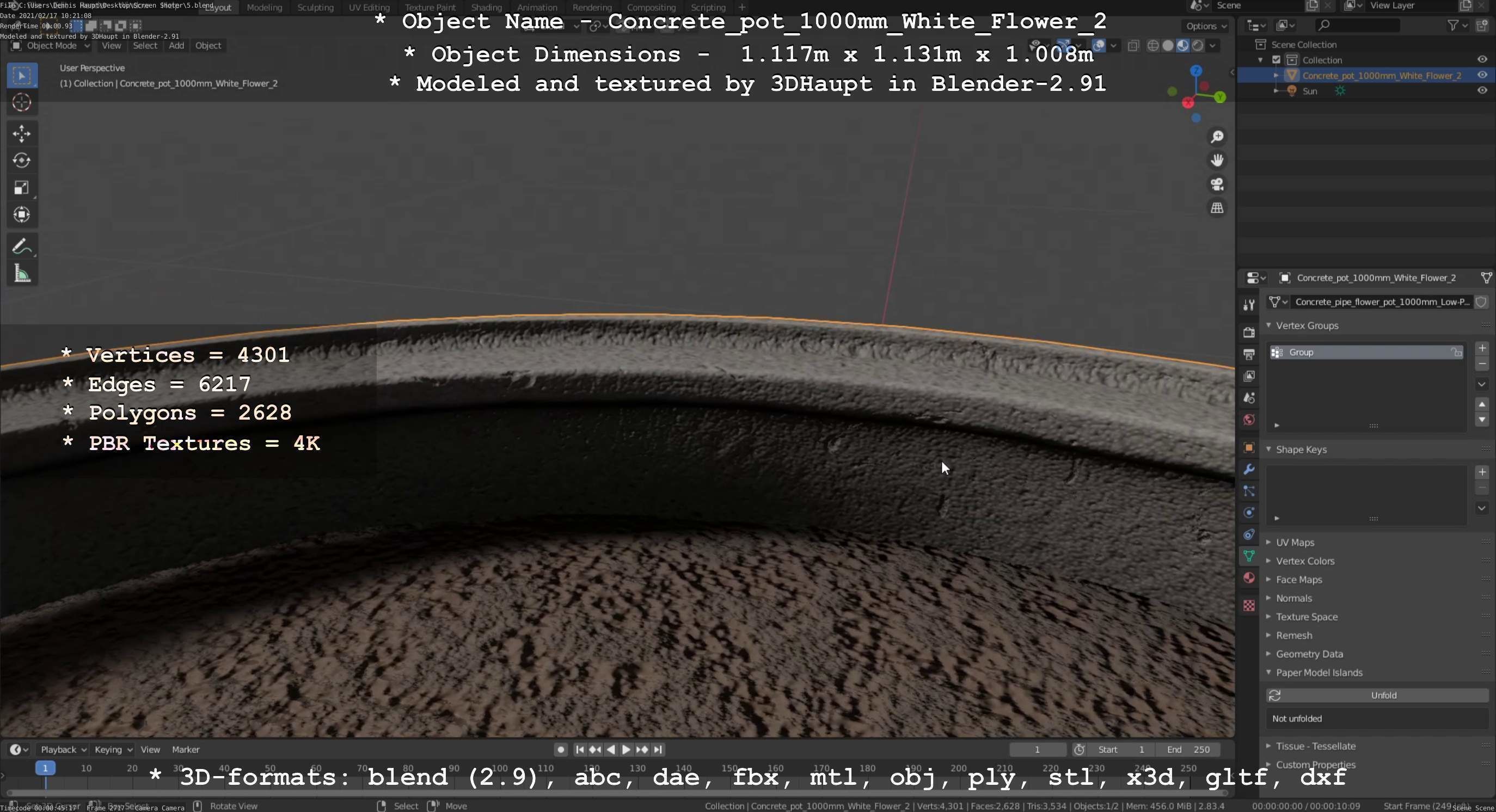 Concrete Pipe Pot 1000mm with White Version 2 Low-poly 3D model_52