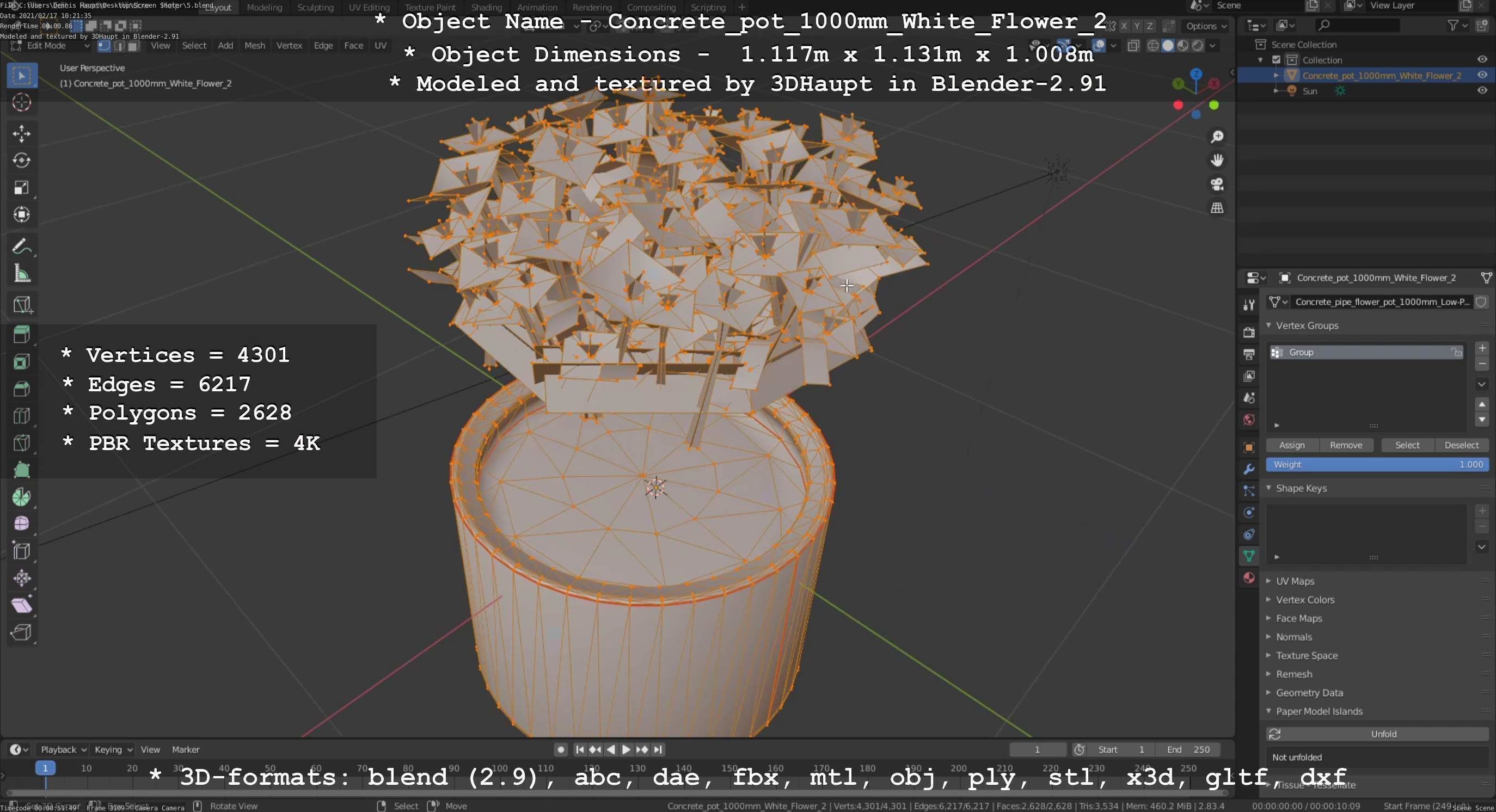 Concrete Pipe Pot 1000mm with White Version 2 Low-poly 3D model_66