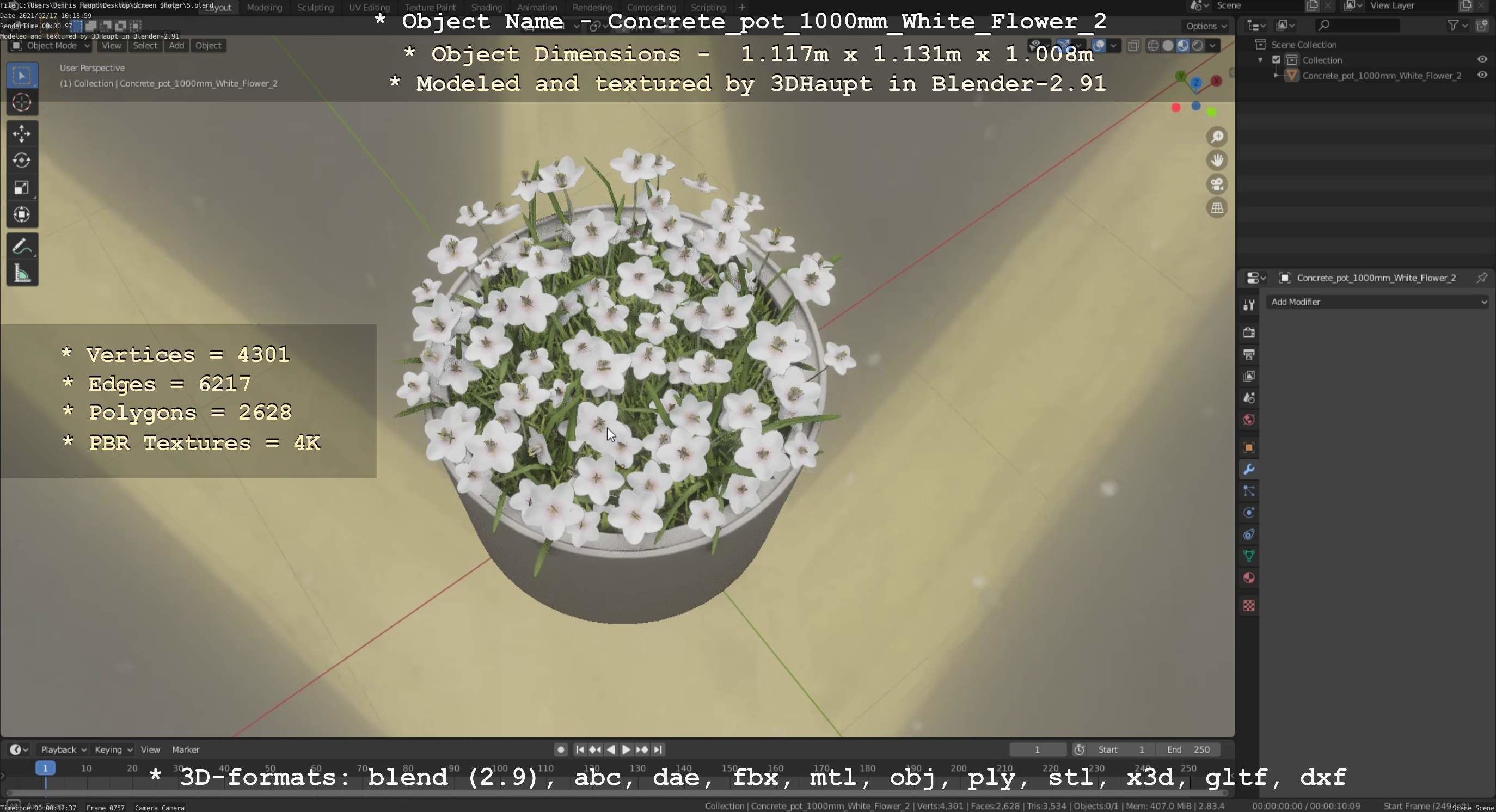 Concrete Pipe Pot 1000mm with White Version 2 Low-poly 3D model_120