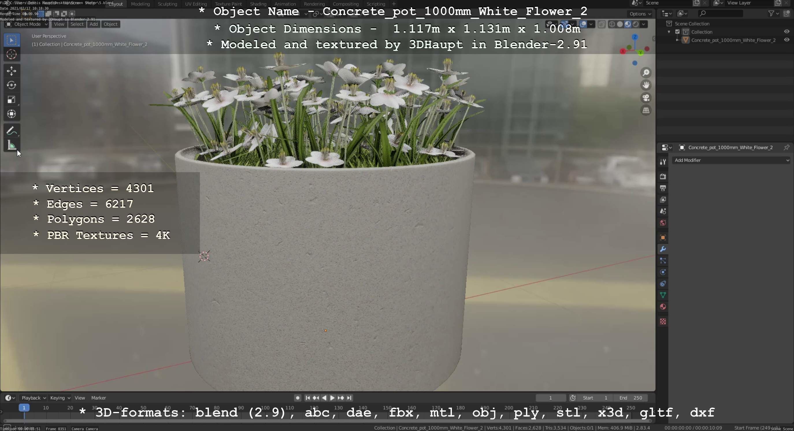 Concrete Pipe Pot 1000mm with White Version 2 Low-poly 3D model_109