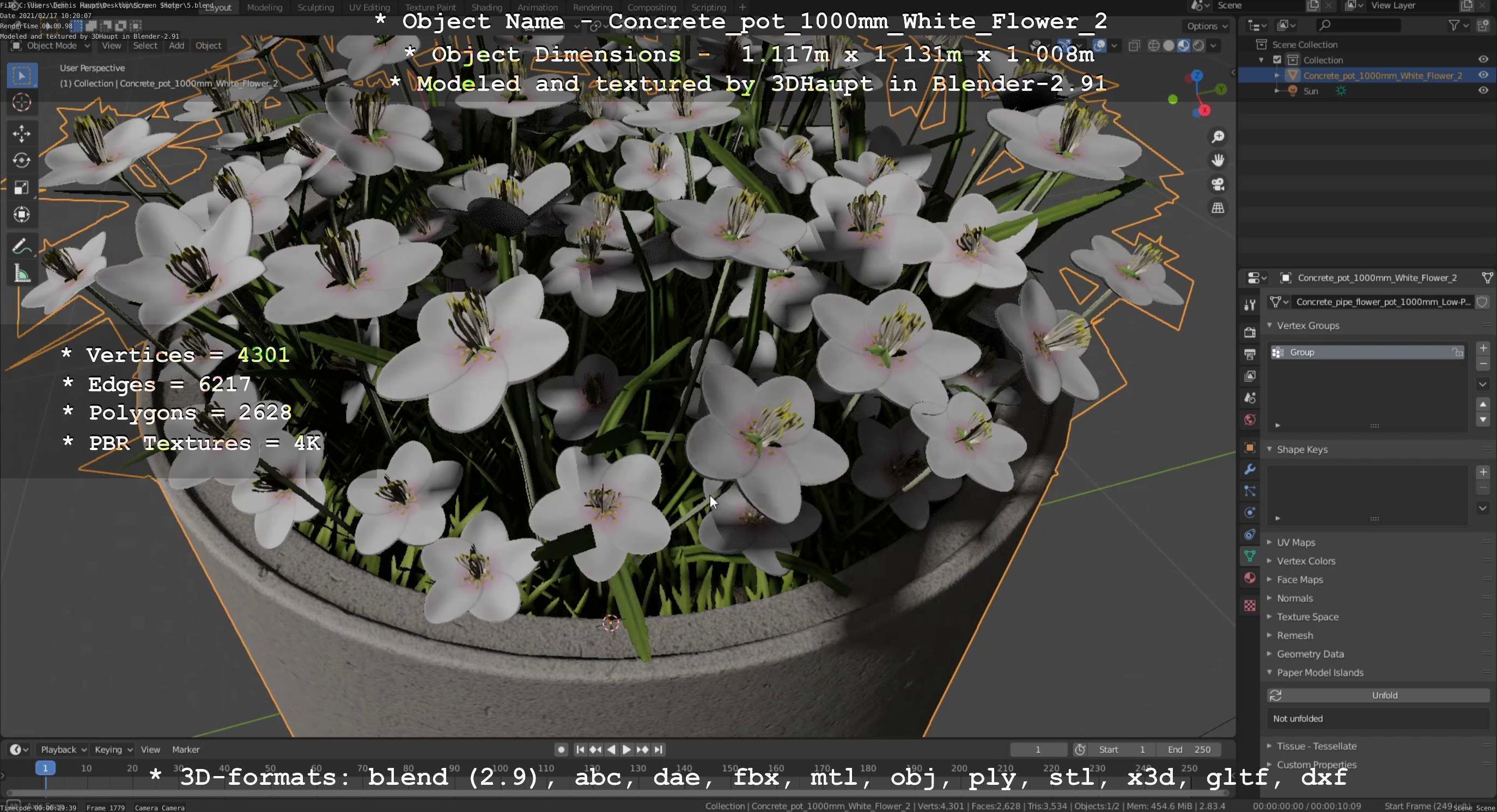Concrete Pipe Pot 1000mm with White Version 2 Low-poly 3D model_128