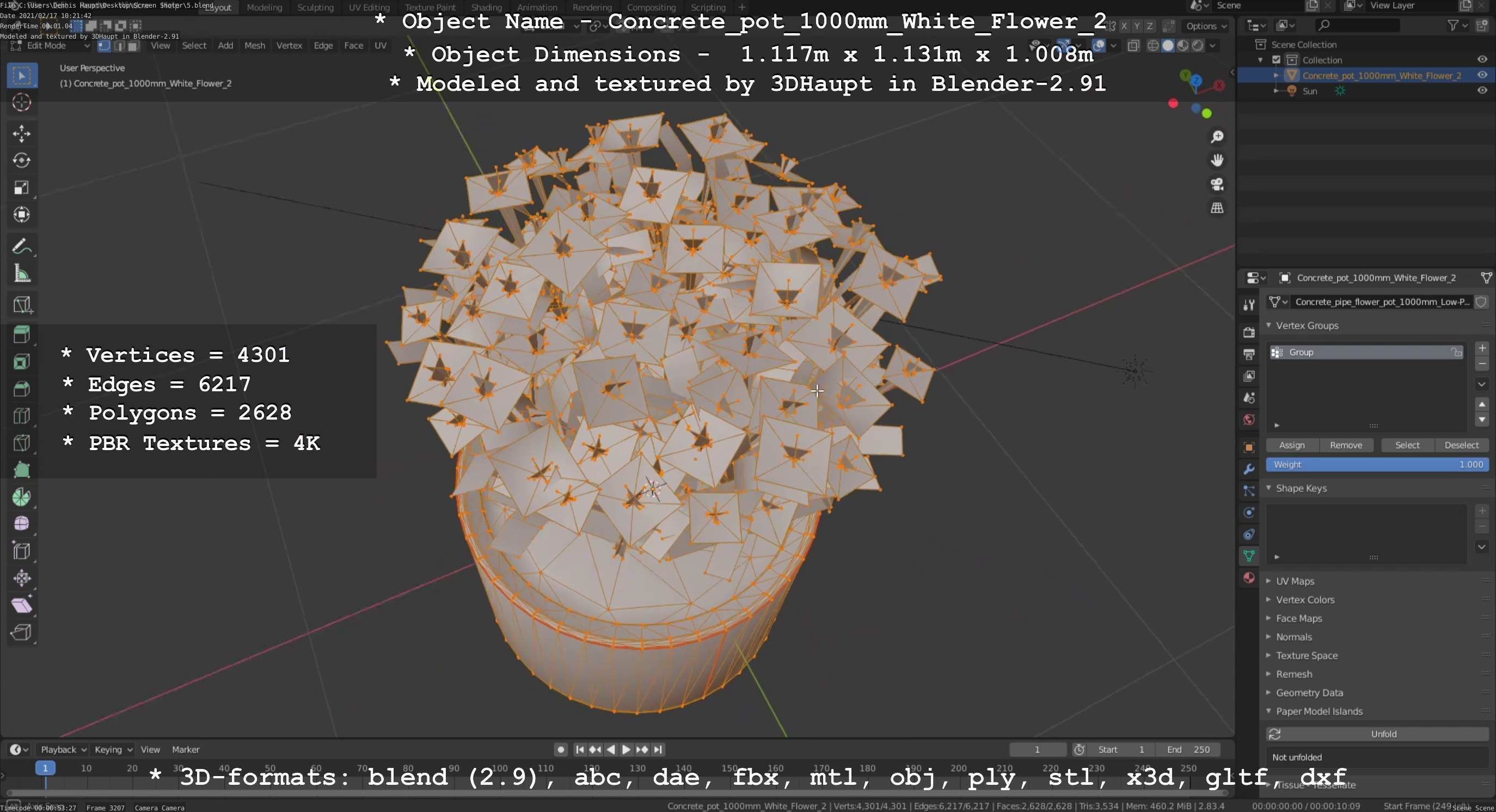 Concrete Pipe Pot 1000mm with White Version 2 Low-poly 3D model_73