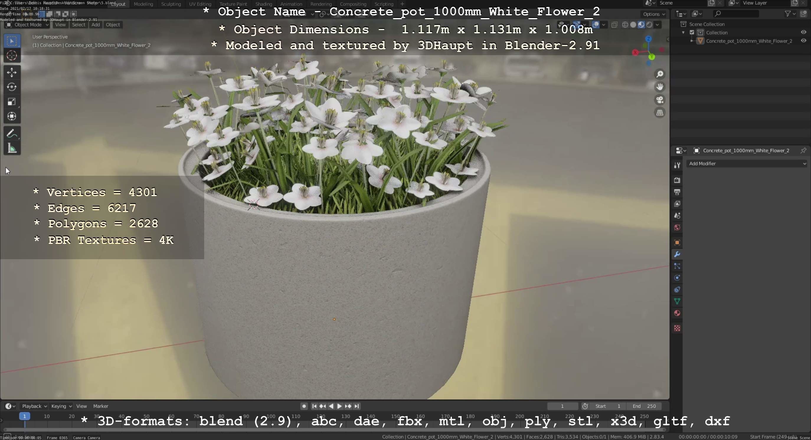 Concrete Pipe Pot 1000mm with White Version 2 Low-poly 3D model_110
