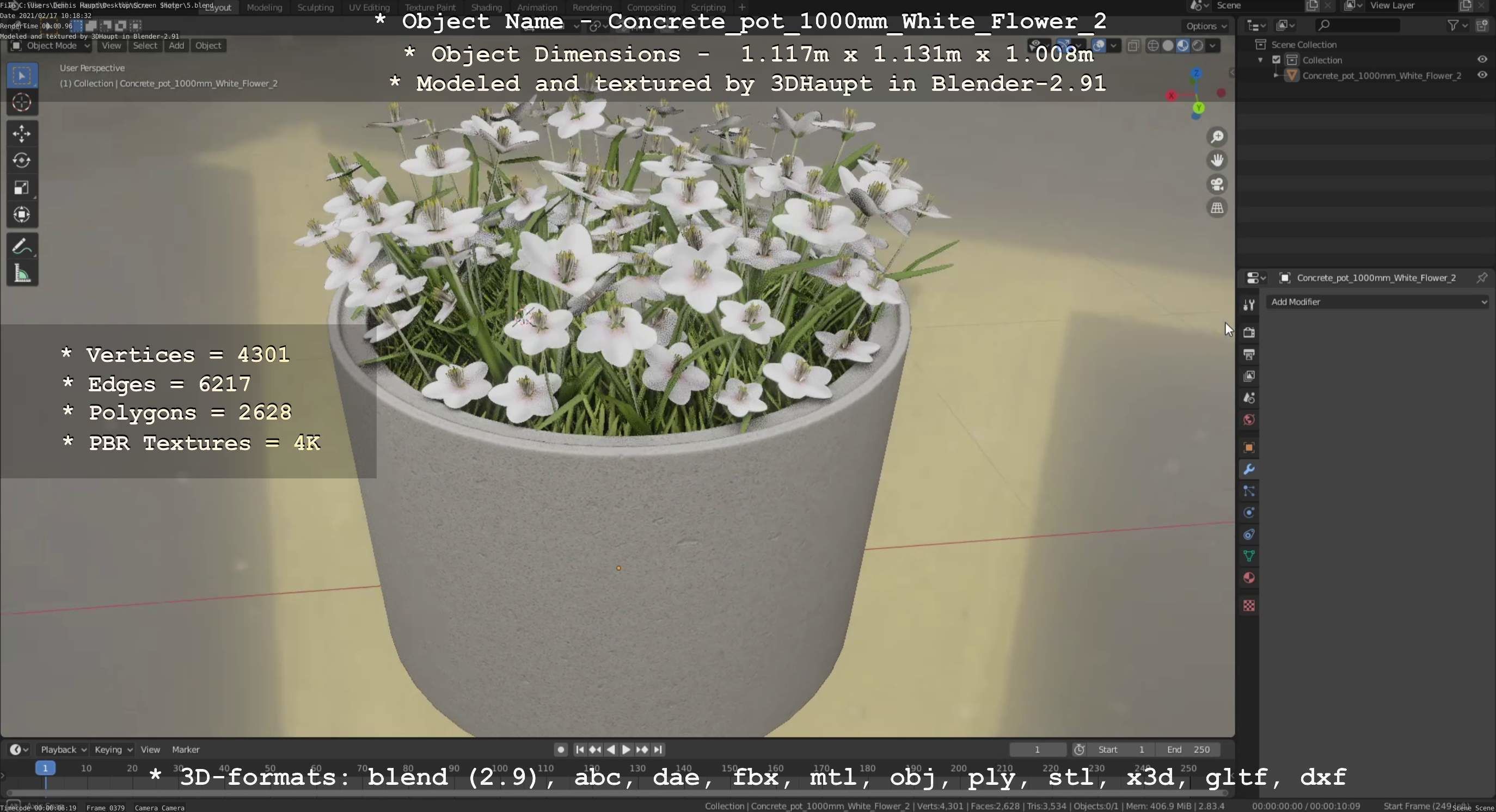Concrete Pipe Pot 1000mm with White Version 2 Low-poly 3D model_111