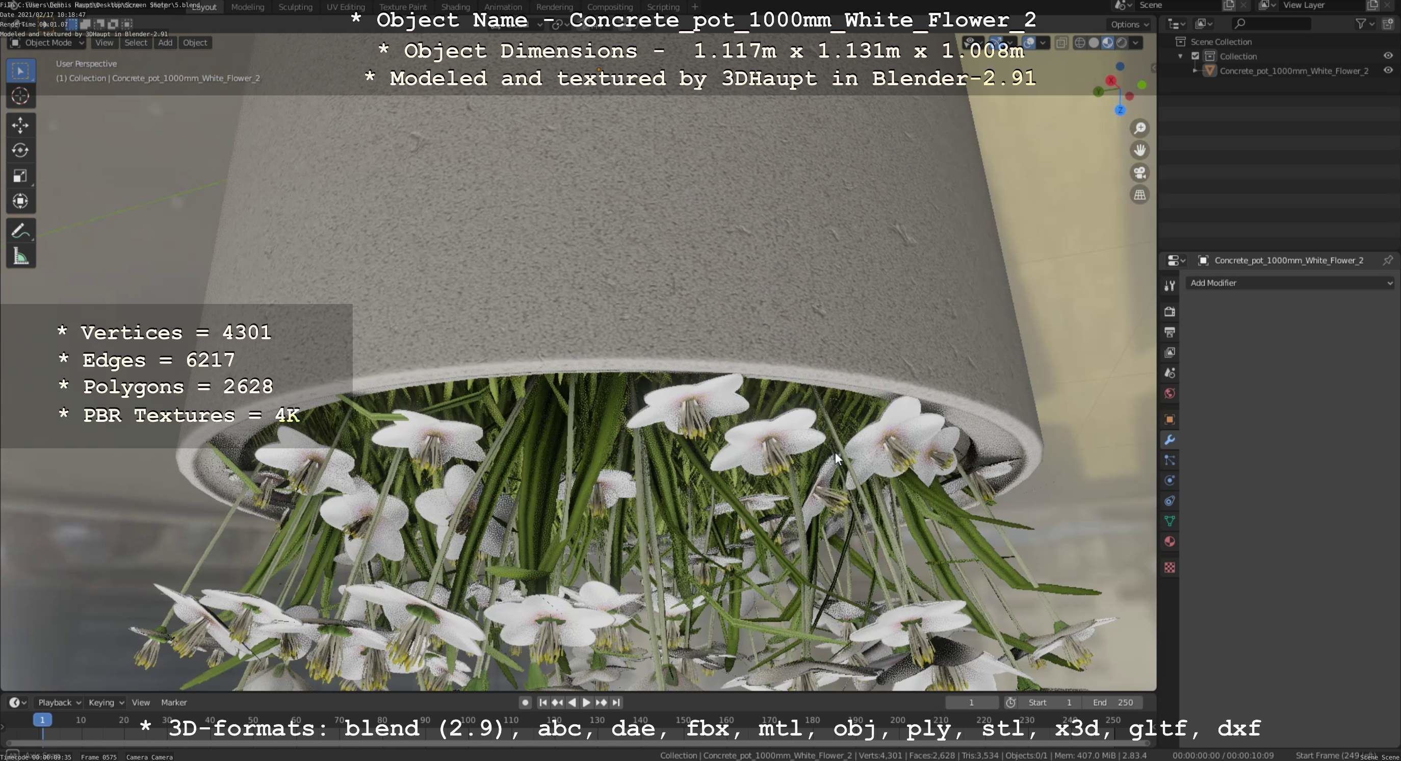 Concrete Pipe Pot 1000mm with White Version 2 Low-poly 3D model_118