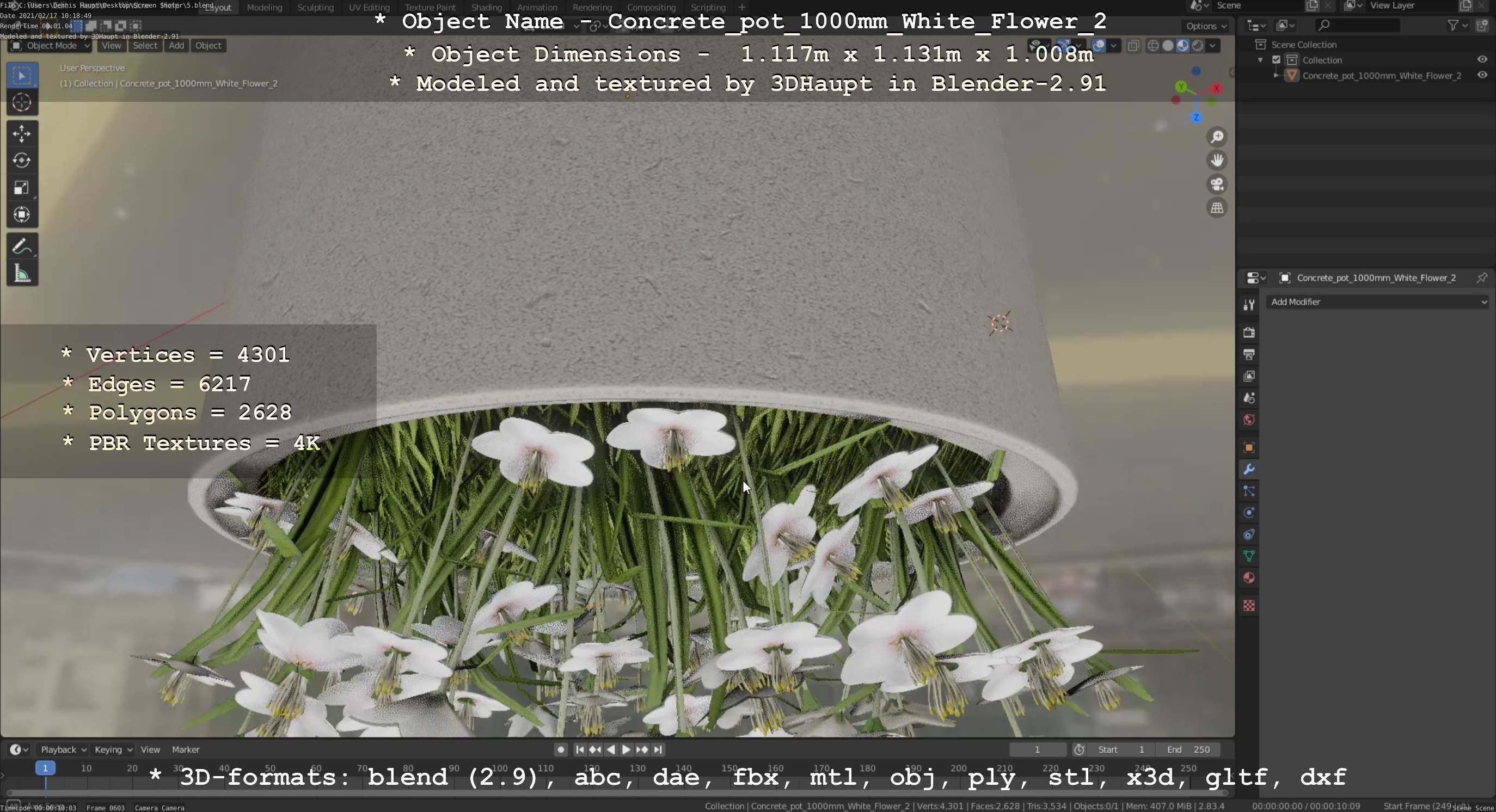 Concrete Pipe Pot 1000mm with White Version 2 Low-poly 3D model_115