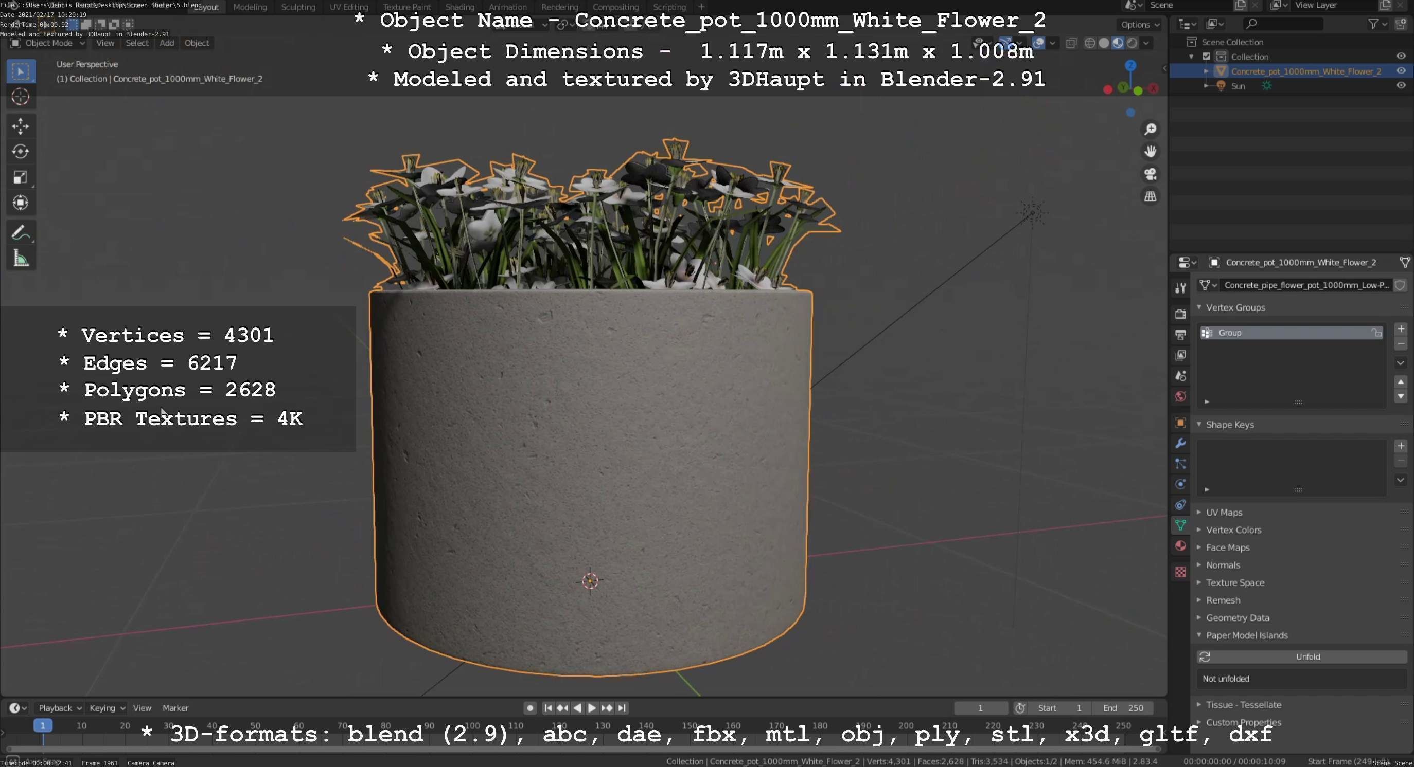 Concrete Pipe Pot 1000mm with White Version 2 Low-poly 3D model_37