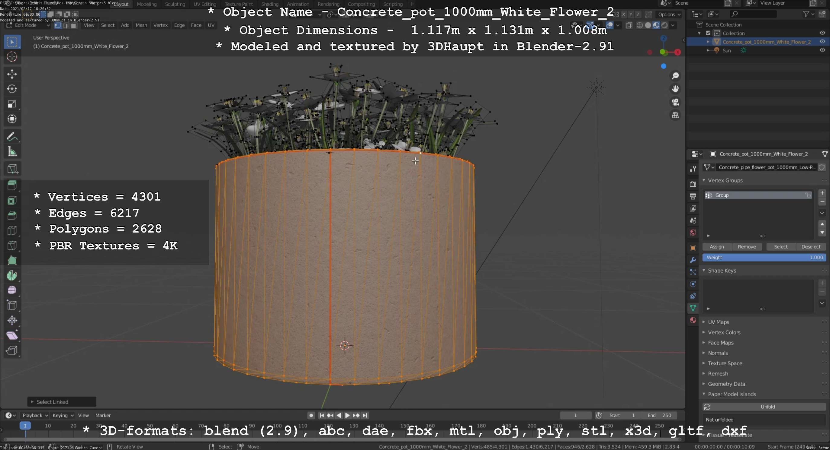 Concrete Pipe Pot 1000mm with White Version 2 Low-poly 3D model_40