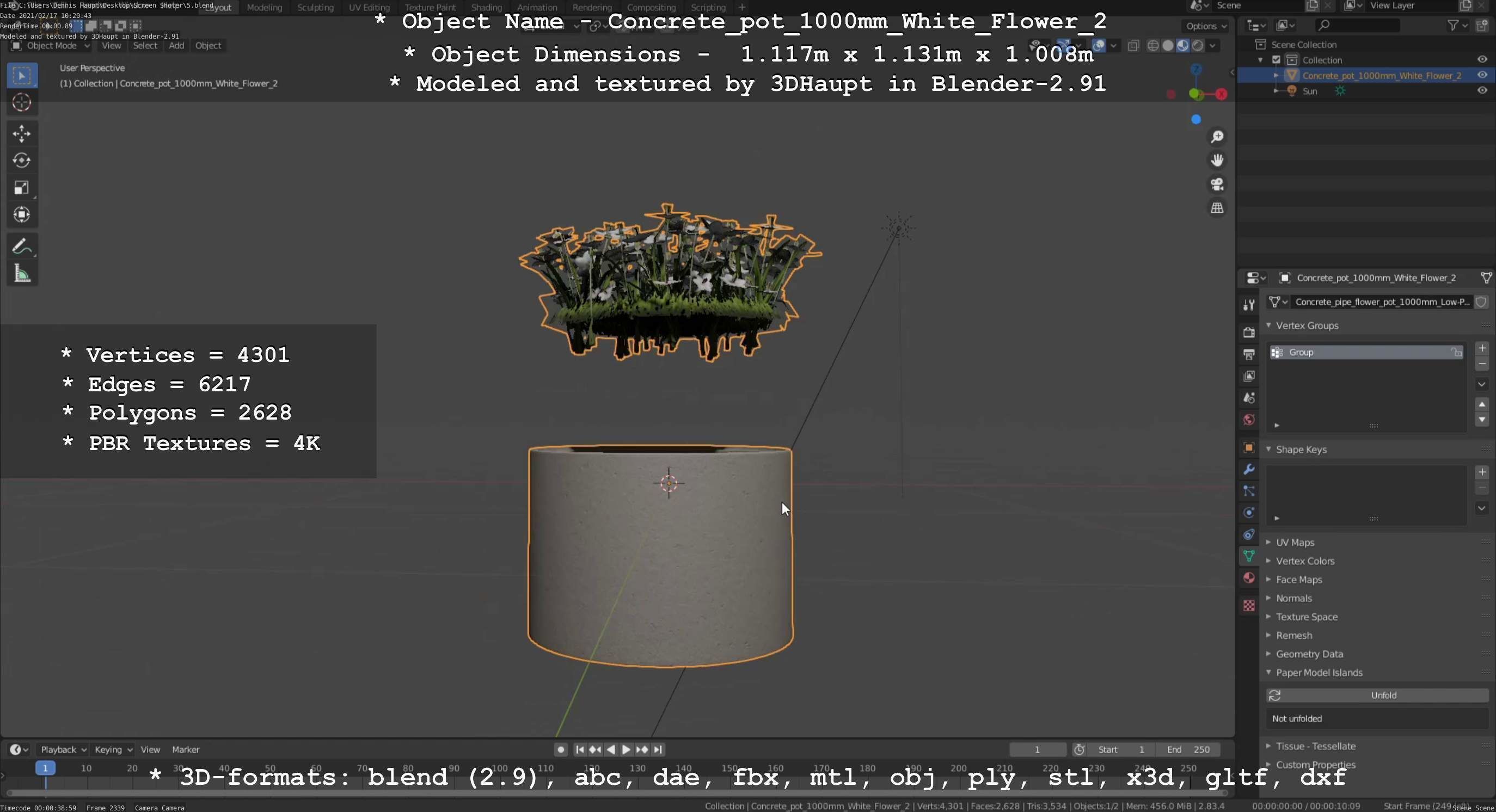 Concrete Pipe Pot 1000mm with White Version 2 Low-poly 3D model_43