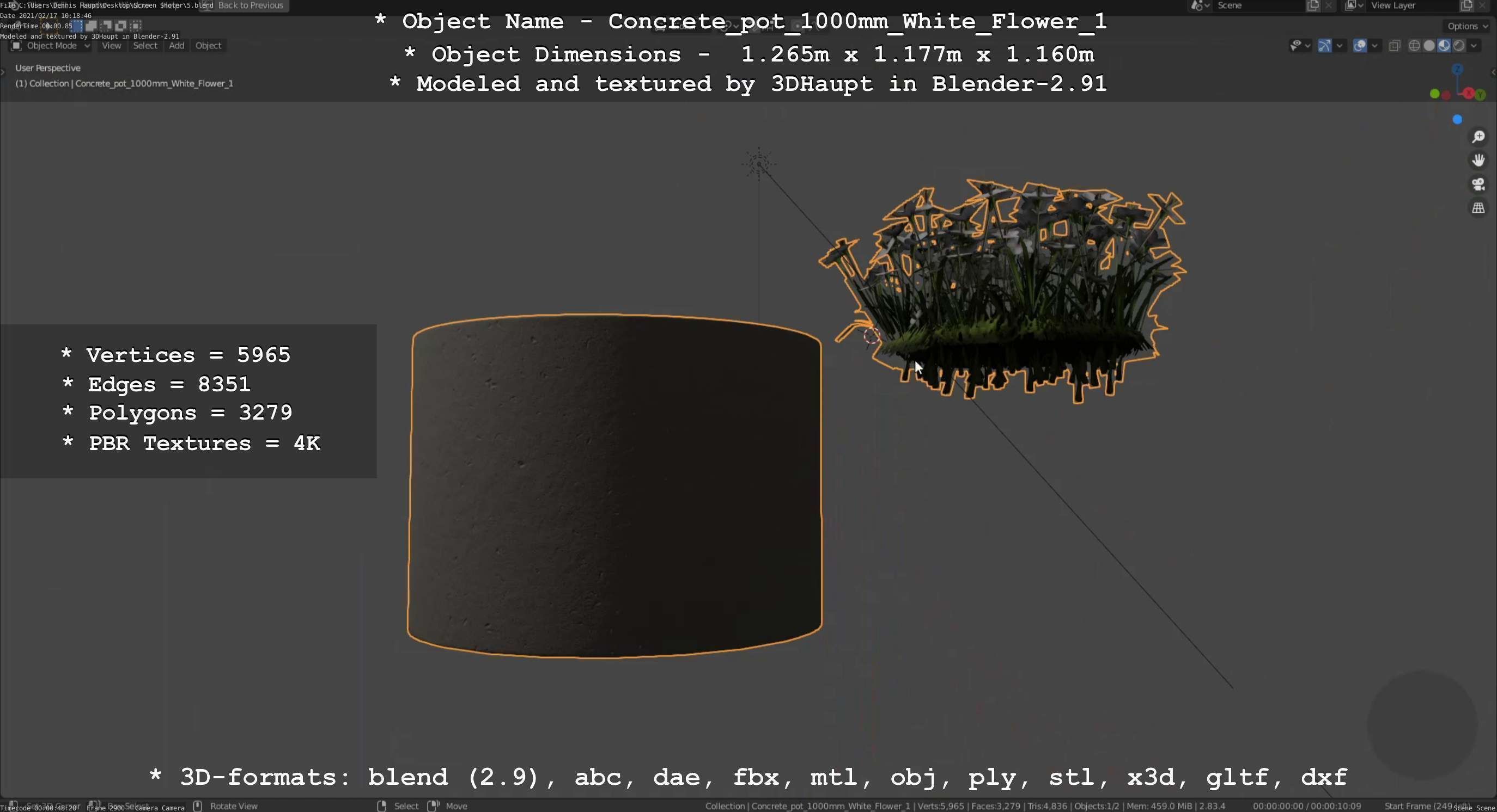 Concrete Pipe Pot 1000mm with White Version 1 Low-poly 3D model_116