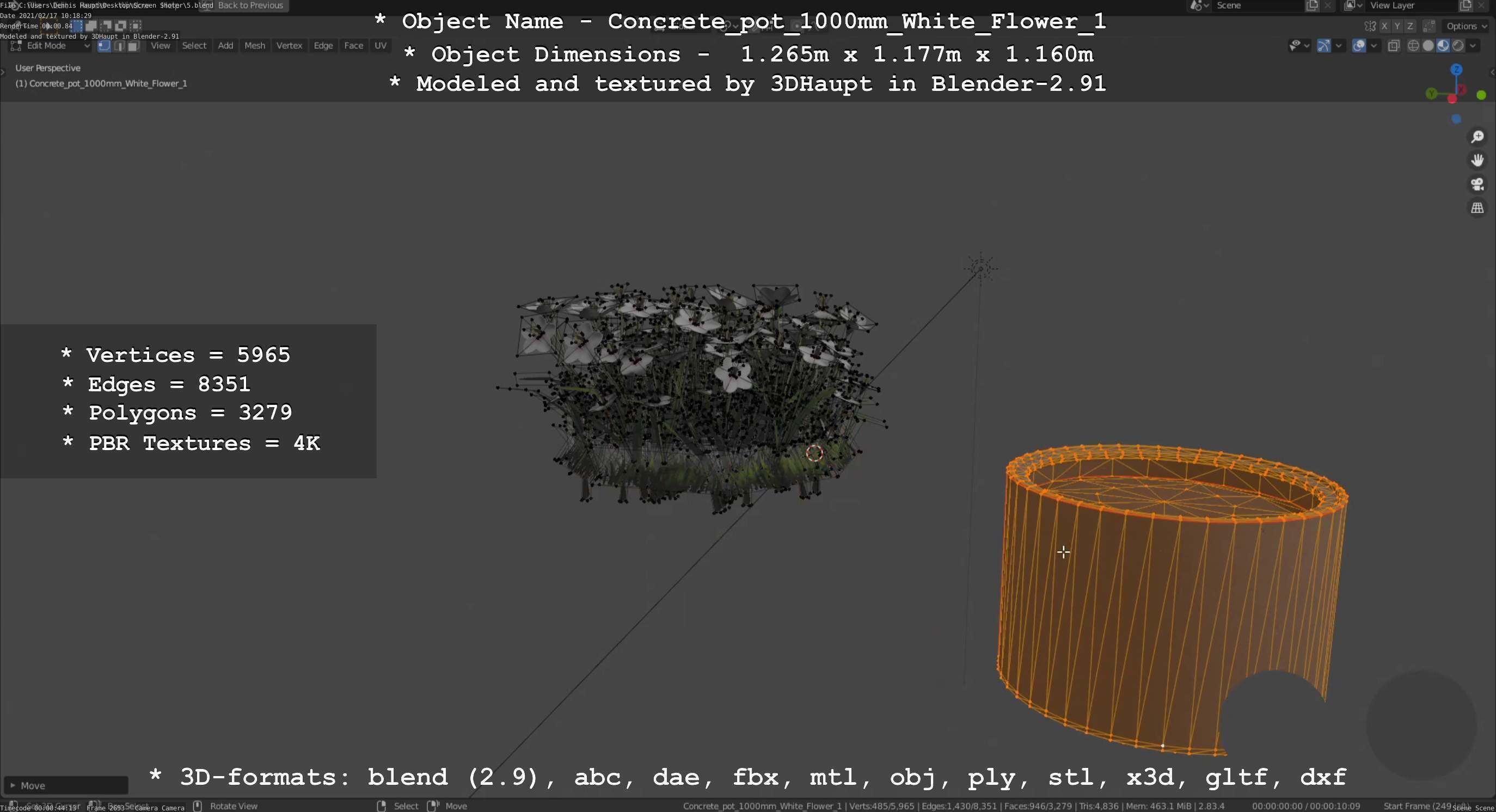 Concrete Pipe Pot 1000mm with White Version 1 Low-poly 3D model_107