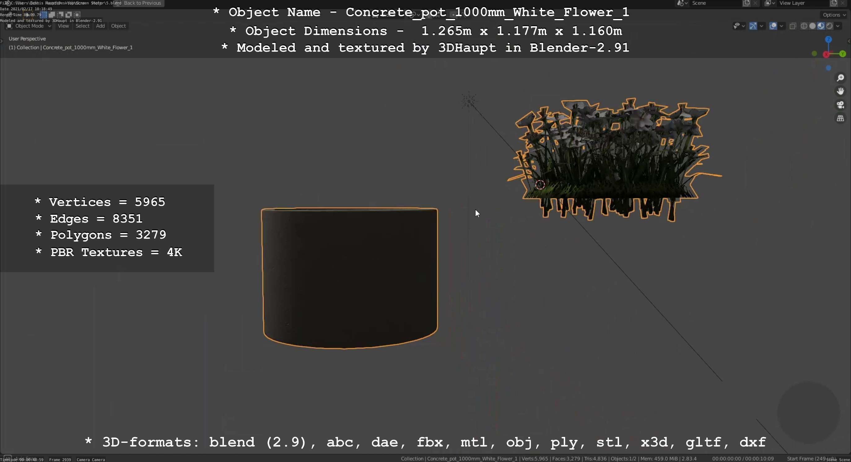 Concrete Pipe Pot 1000mm with White Version 1 Low-poly 3D model_58