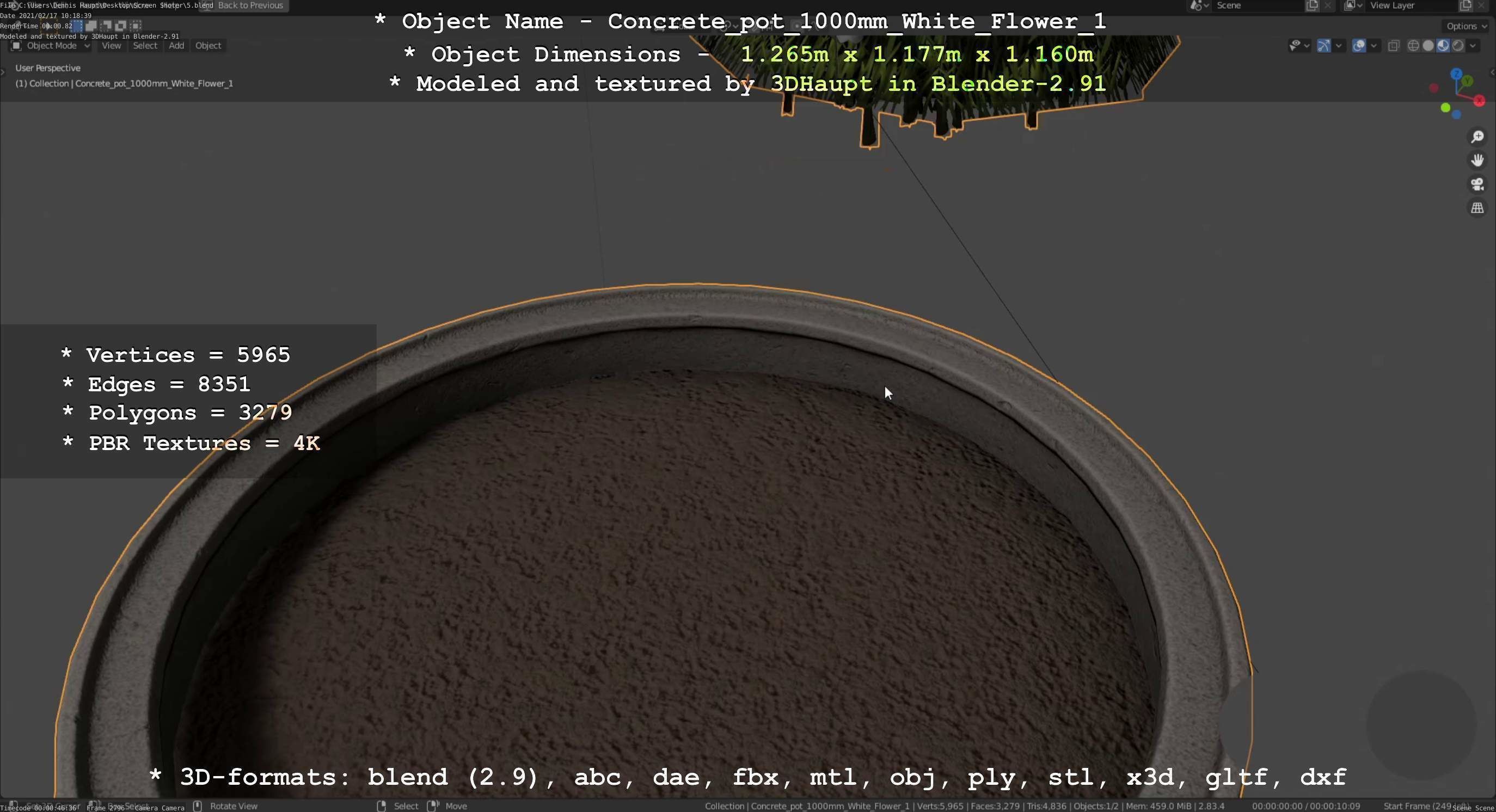 Concrete Pipe Pot 1000mm with White Version 1 Low-poly 3D model_15