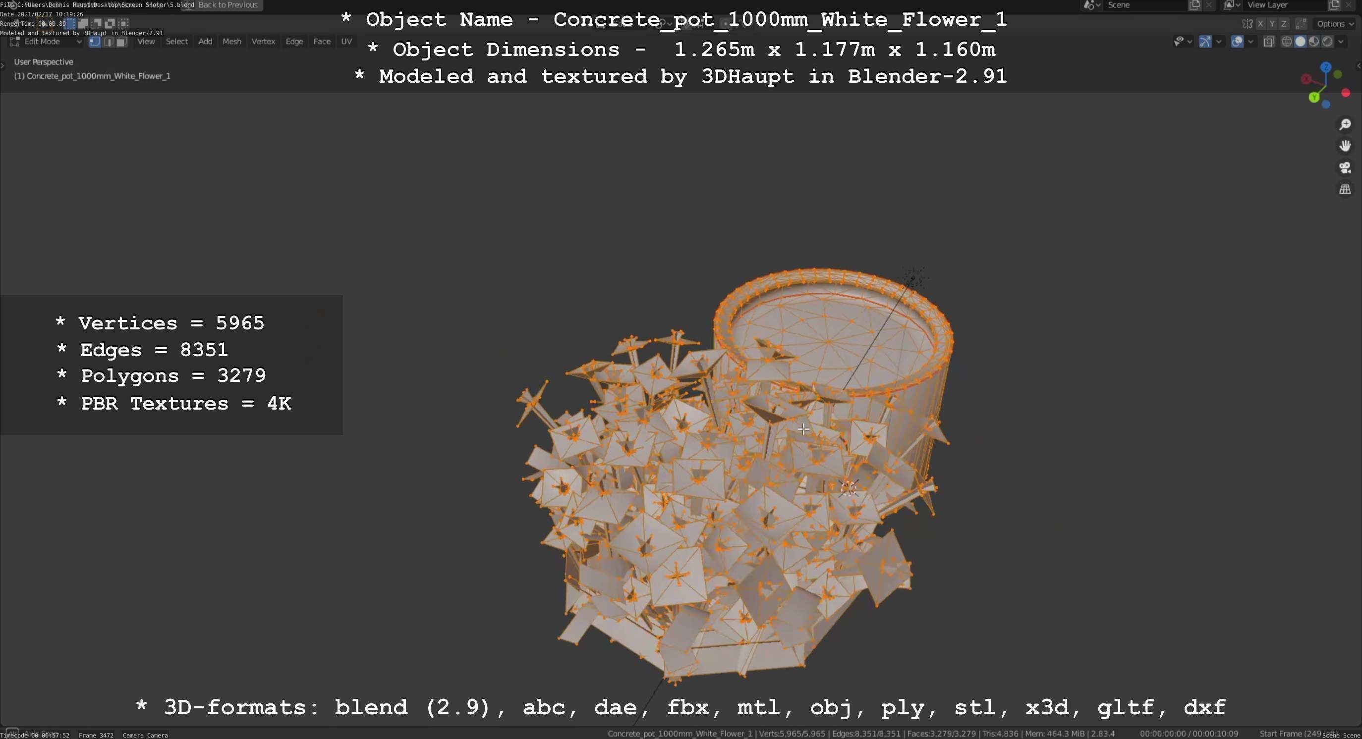 Concrete Pipe Pot 1000mm with White Version 1 Low-poly 3D model_51