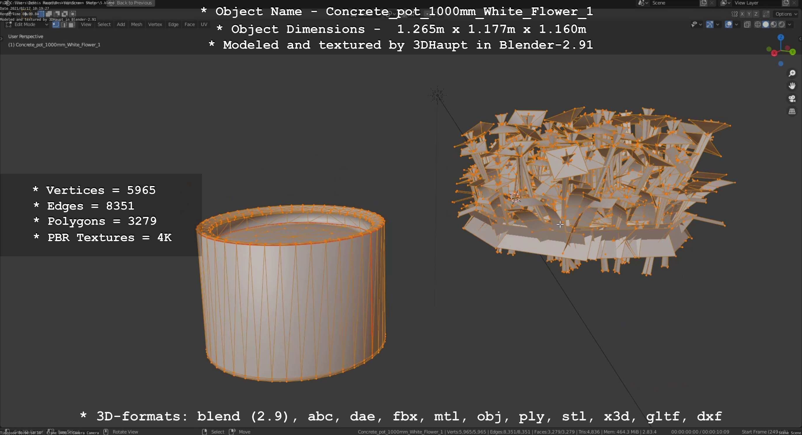 Concrete Pipe Pot 1000mm with White Version 1 Low-poly 3D model_20
