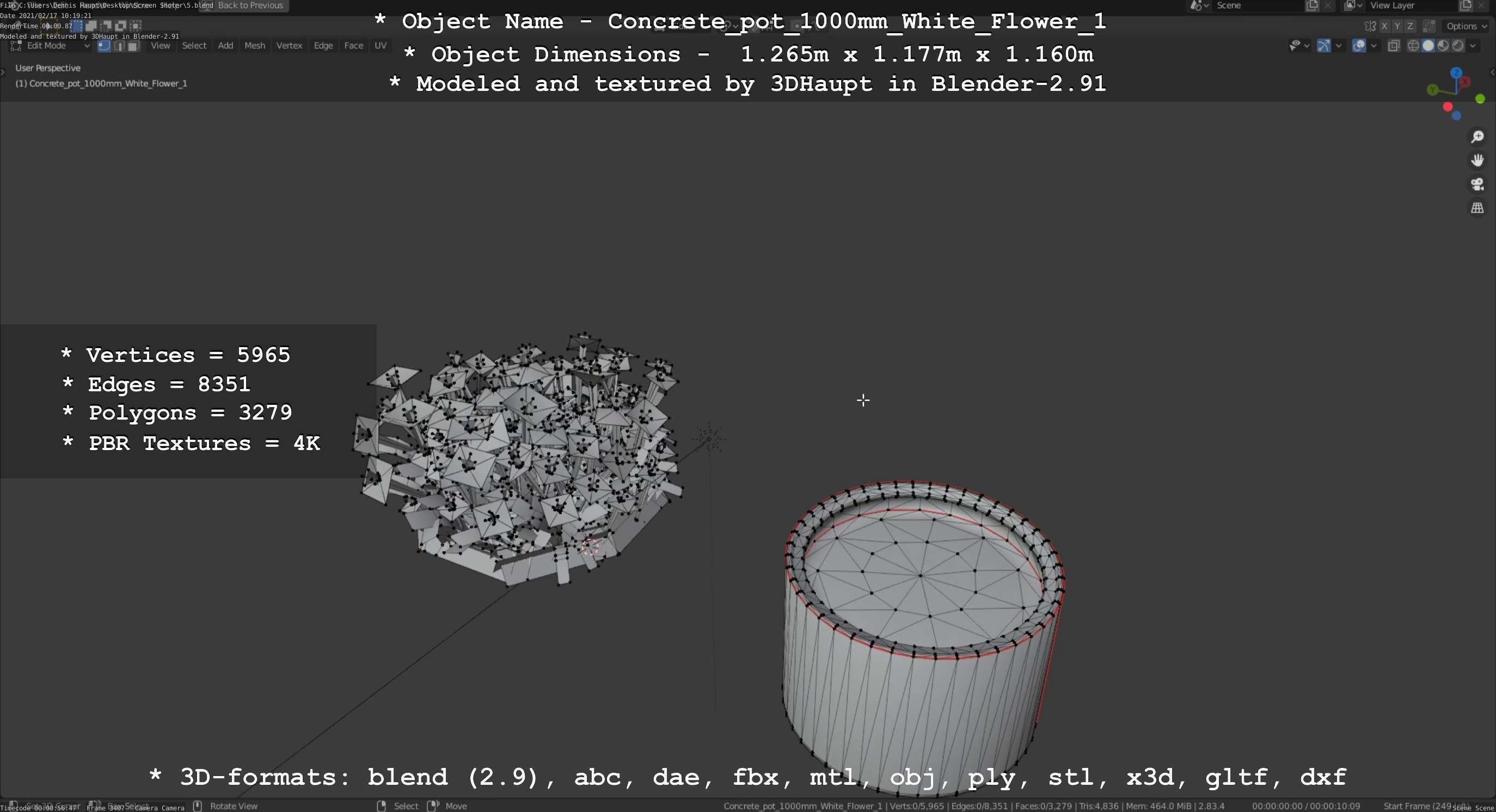 Concrete Pipe Pot 1000mm with White Version 1 Low-poly 3D model_45