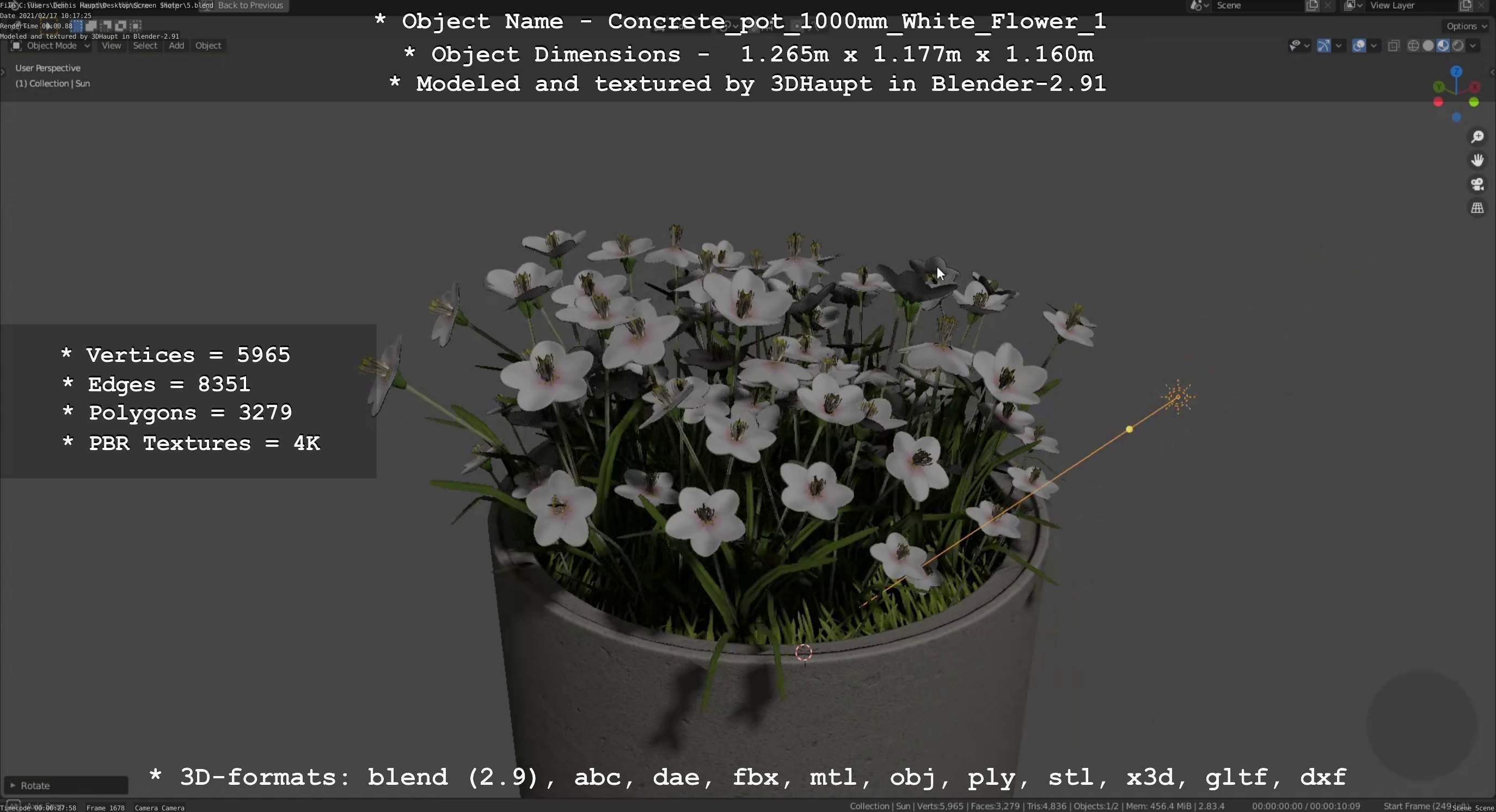 Concrete Pipe Pot 1000mm with White Version 1 Low-poly 3D model_35