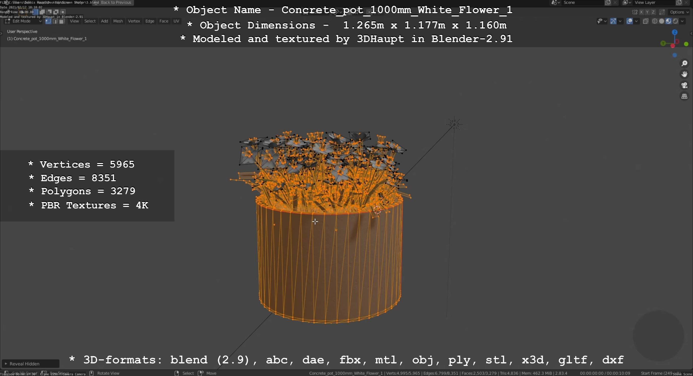 Concrete Pipe Pot 1000mm with White Version 1 Low-poly 3D model_10