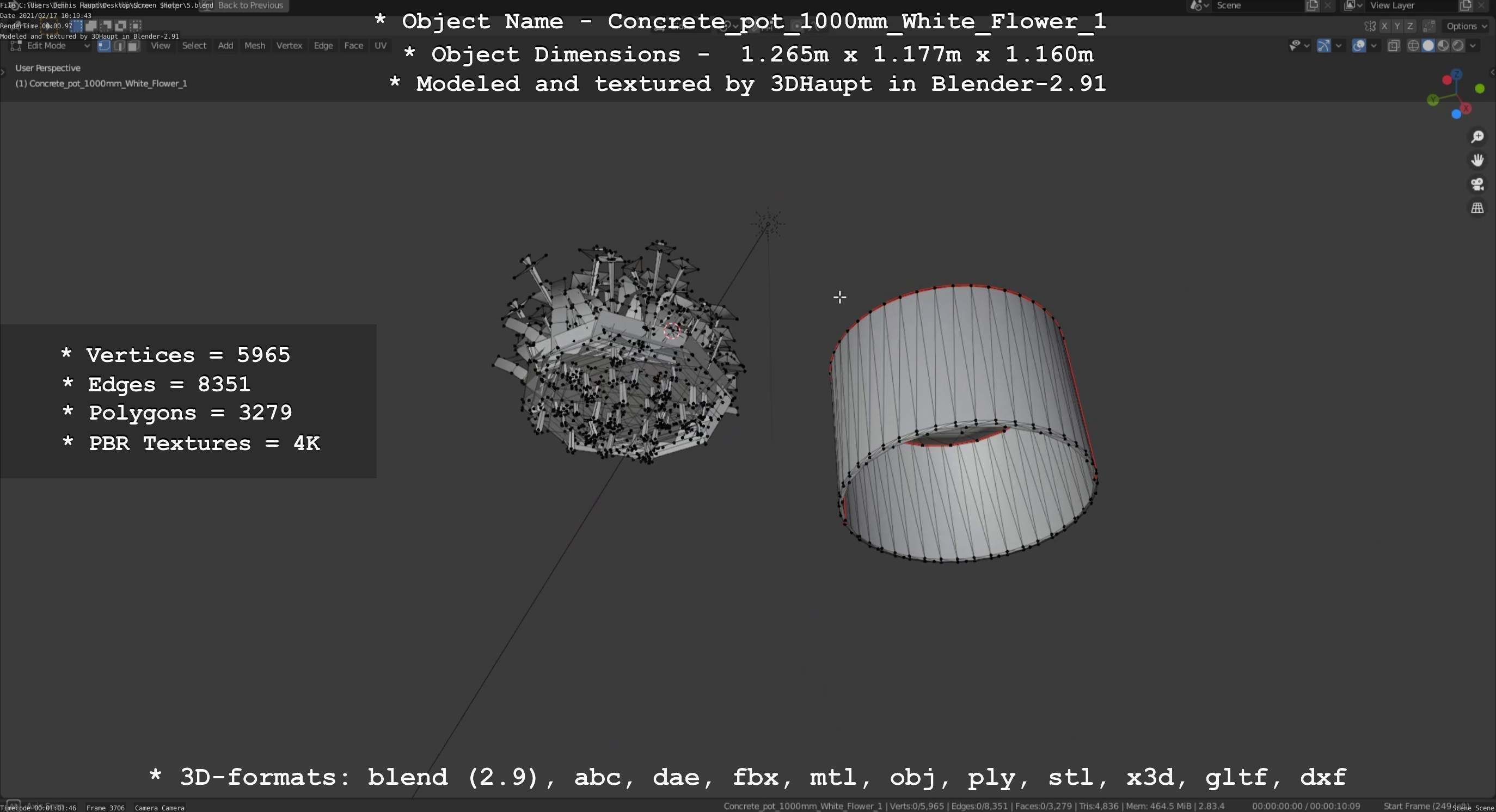 Concrete Pipe Pot 1000mm with White Version 1 Low-poly 3D model_55