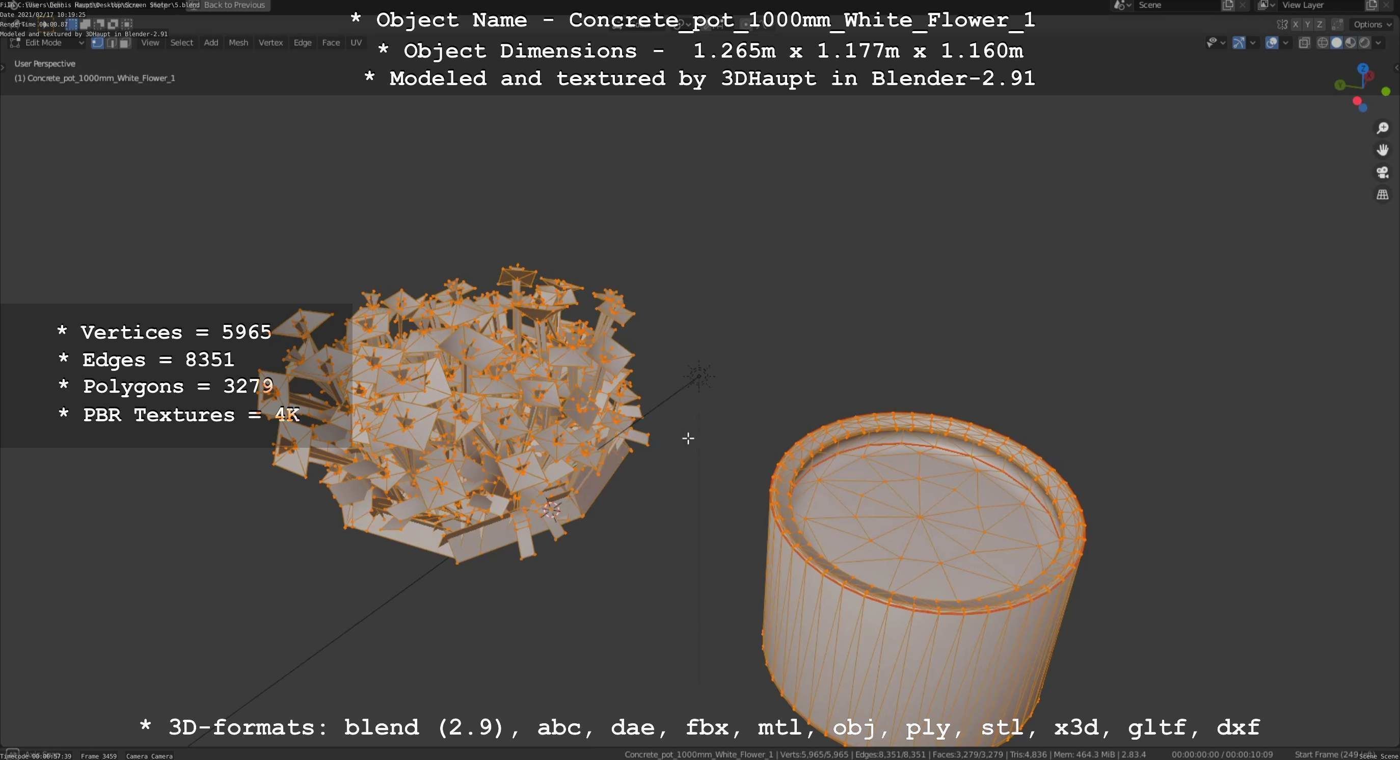 Concrete Pipe Pot 1000mm with White Version 1 Low-poly 3D model_50