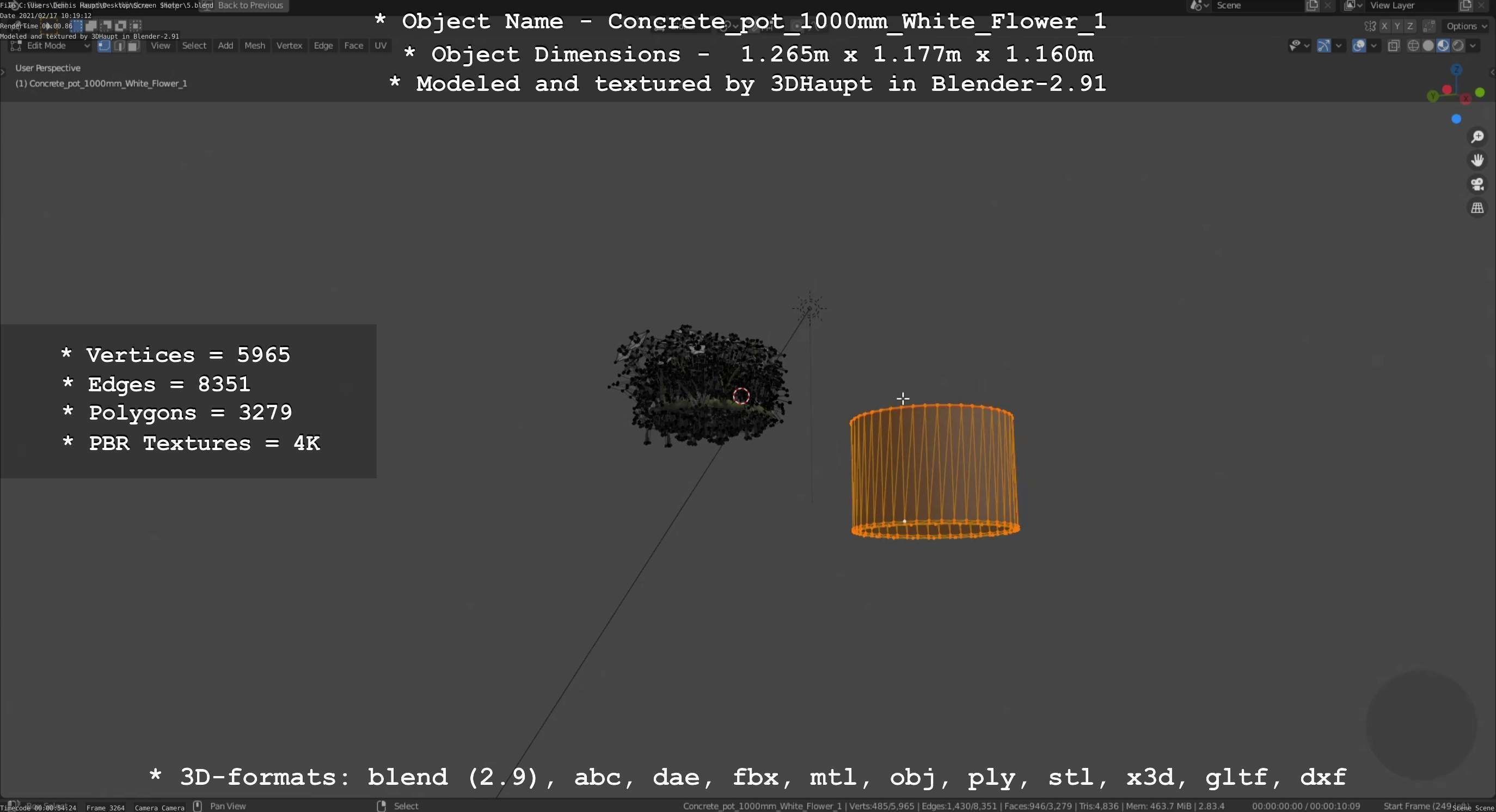 Concrete Pipe Pot 1000mm with White Version 1 Low-poly 3D model_41