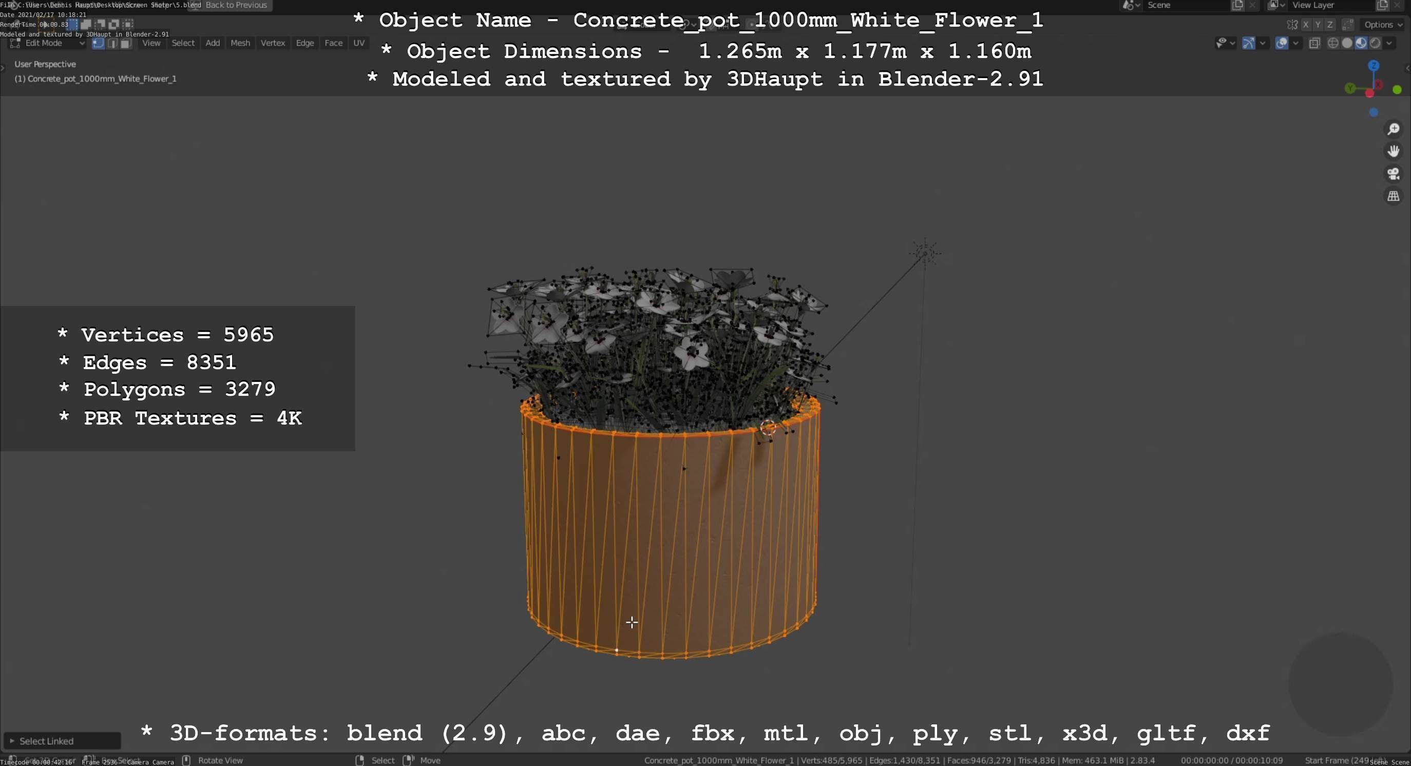Concrete Pipe Pot 1000mm with White Version 1 Low-poly 3D model_101