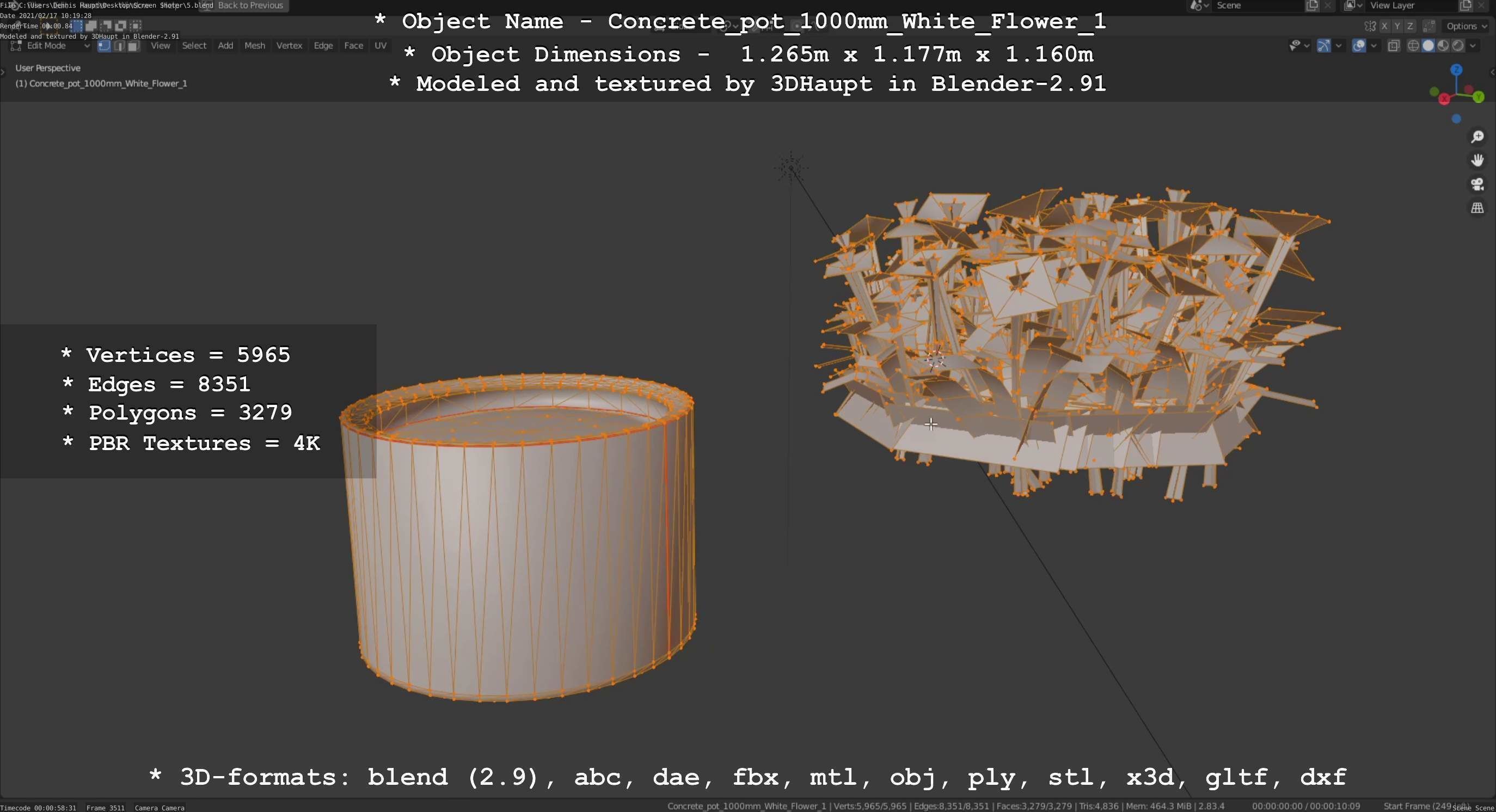 Concrete Pipe Pot 1000mm with White Version 1 Low-poly 3D model_53