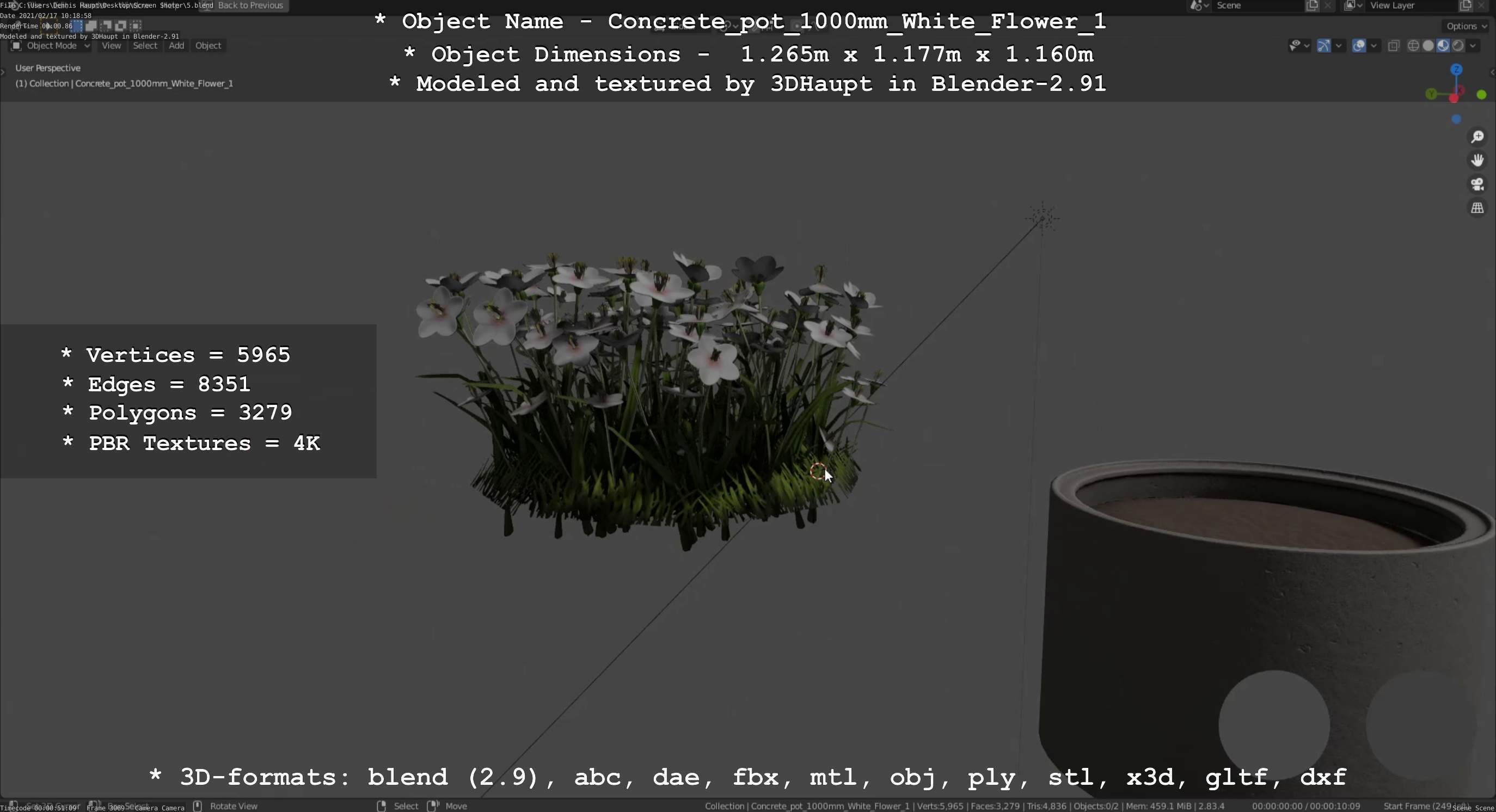 Concrete Pipe Pot 1000mm with White Version 1 Low-poly 3D model_17