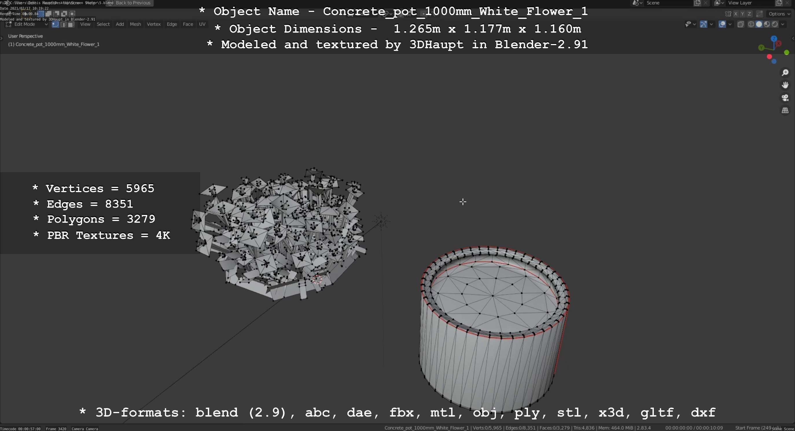 Concrete Pipe Pot 1000mm with White Version 1 Low-poly 3D model_46