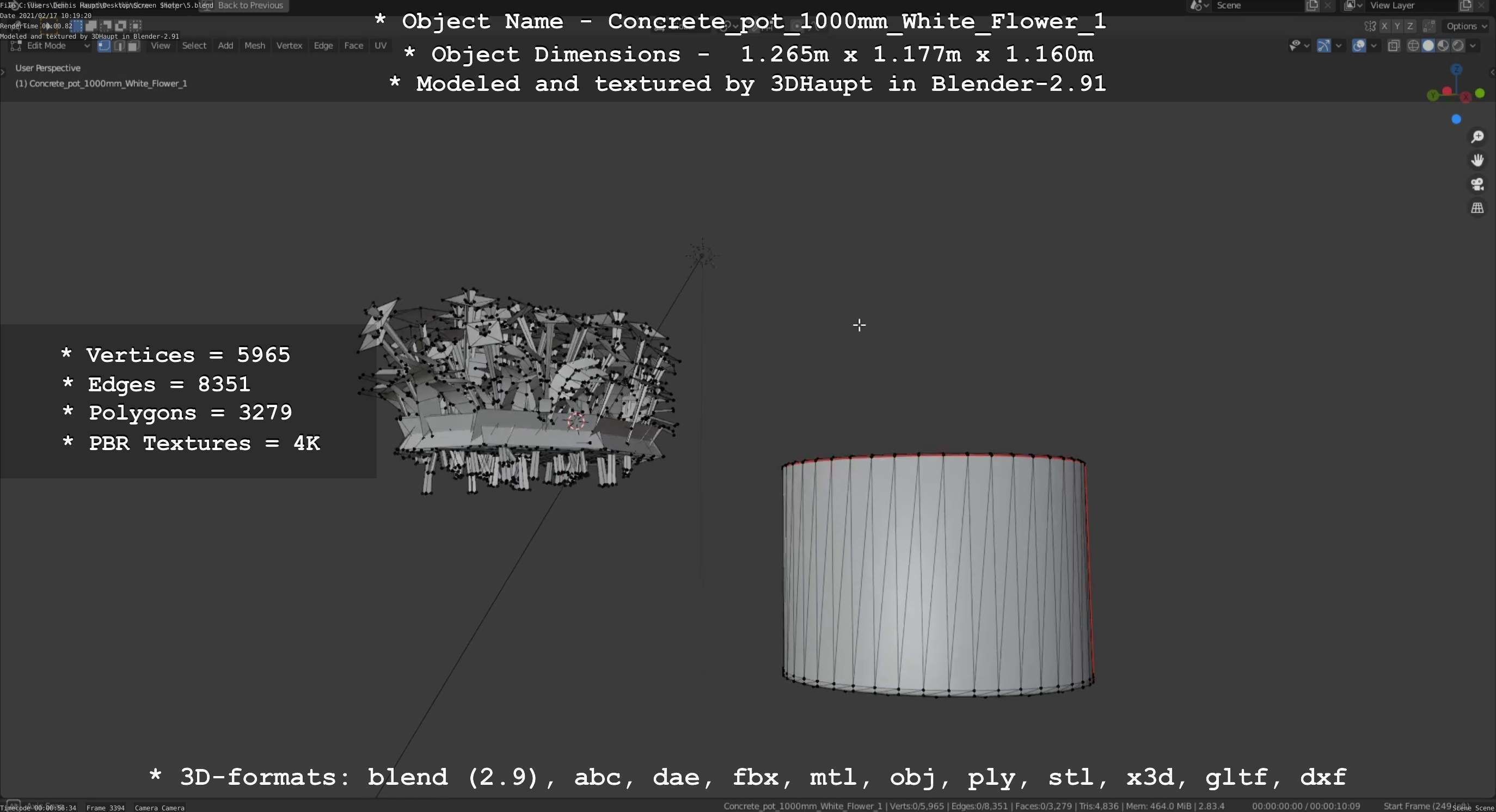 Concrete Pipe Pot 1000mm with White Version 1 Low-poly 3D model_44