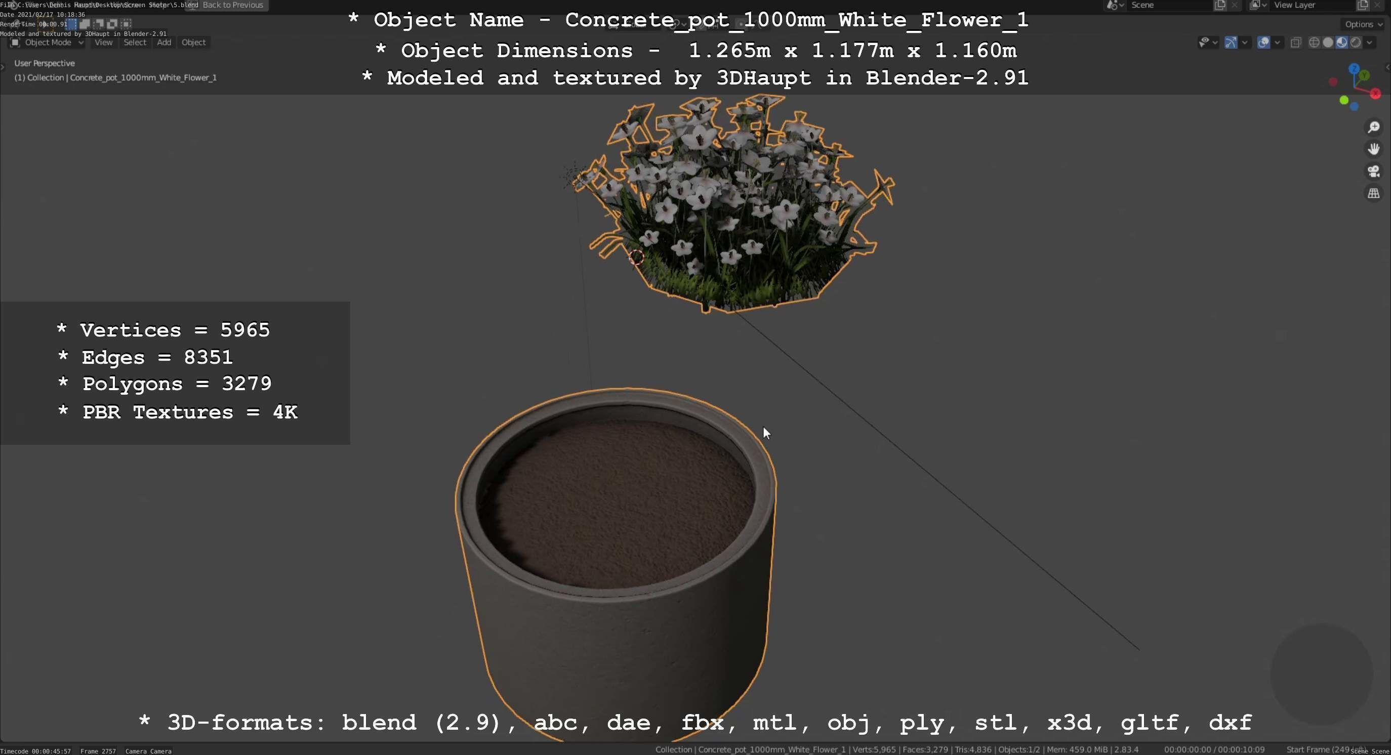 Concrete Pipe Pot 1000mm with White Version 1 Low-poly 3D model_14