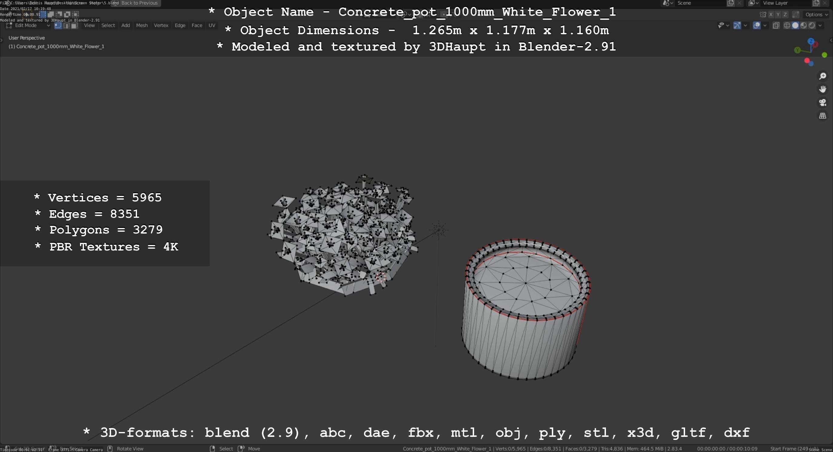 Concrete Pipe Pot 1000mm with White Version 1 Low-poly 3D model_61