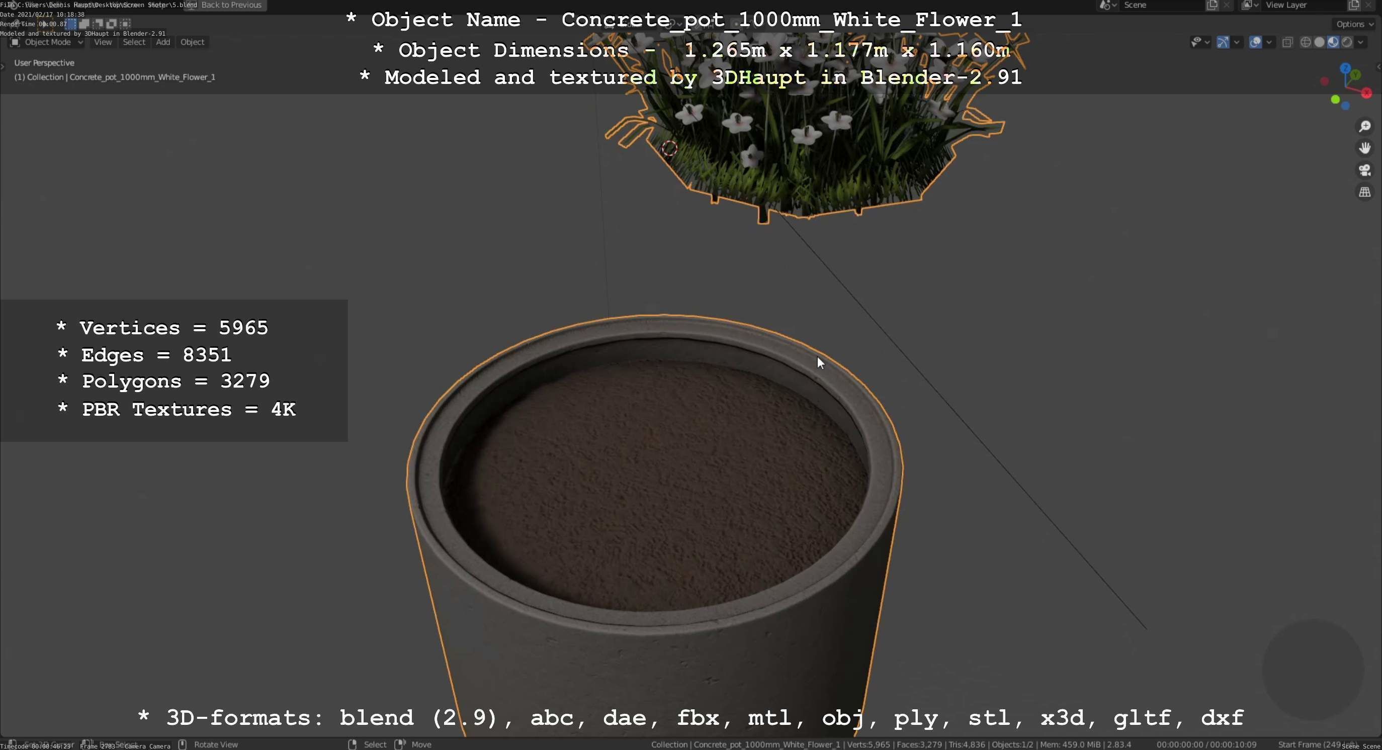 Concrete Pipe Pot 1000mm with White Version 1 Low-poly 3D model_108