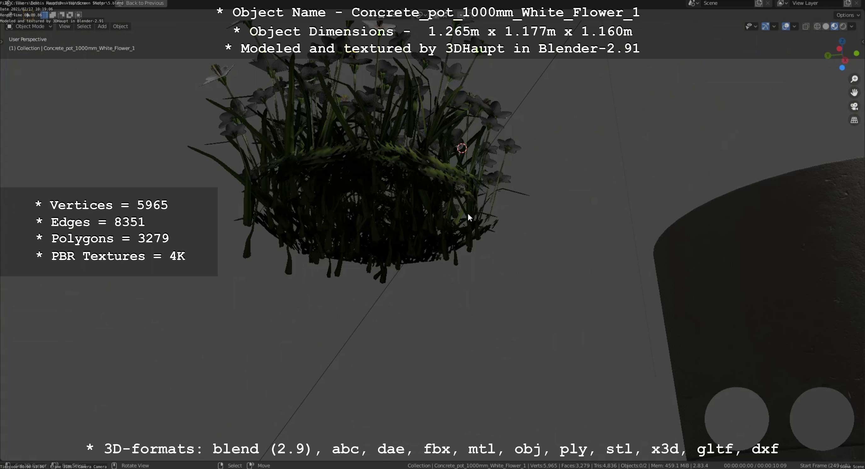 Concrete Pipe Pot 1000mm with White Version 1 Low-poly 3D model_117