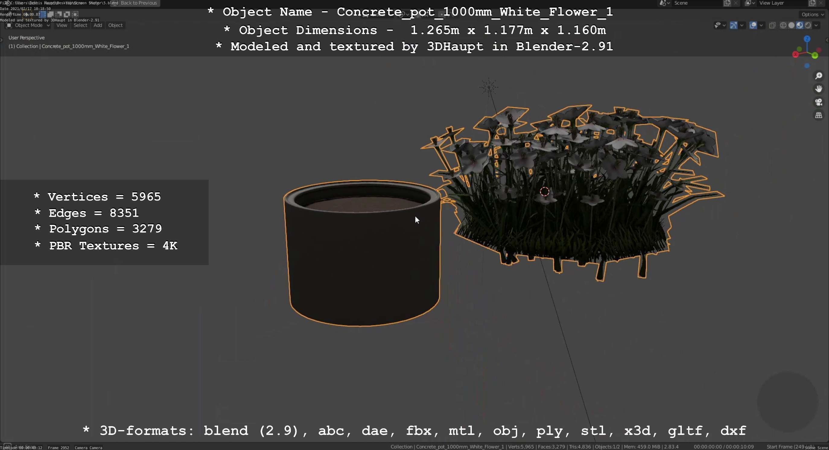 Concrete Pipe Pot 1000mm with White Version 1 Low-poly 3D model_69