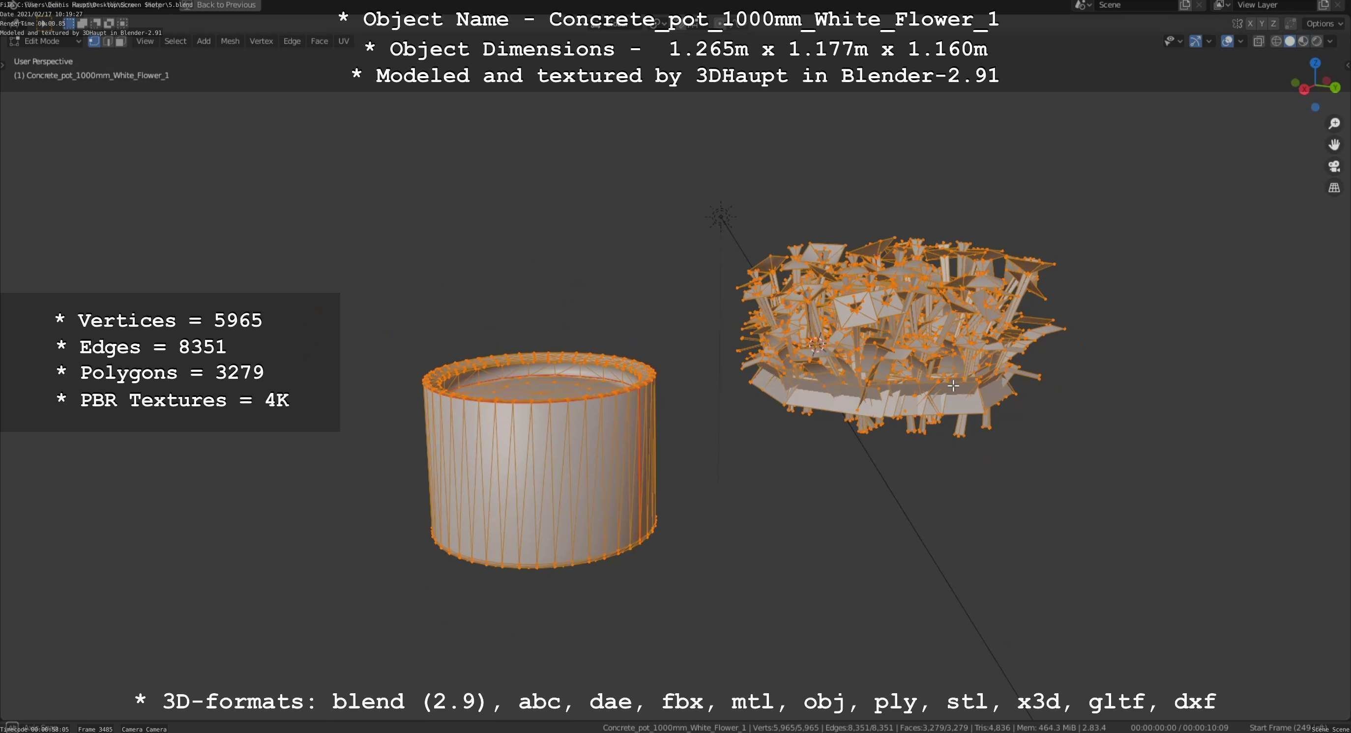 Concrete Pipe Pot 1000mm with White Version 1 Low-poly 3D model_52