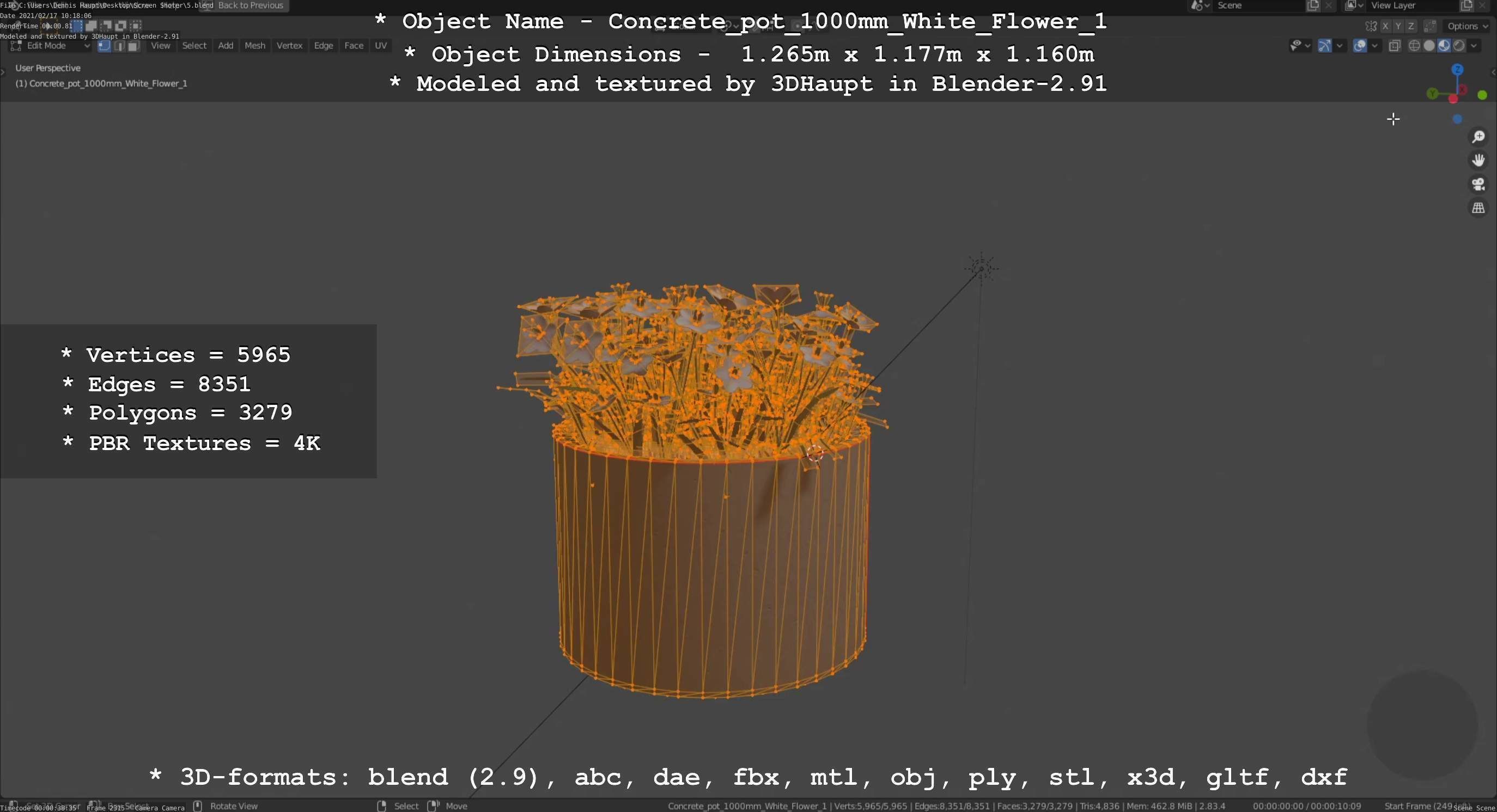 Concrete Pipe Pot 1000mm with White Version 1 Low-poly 3D model_92