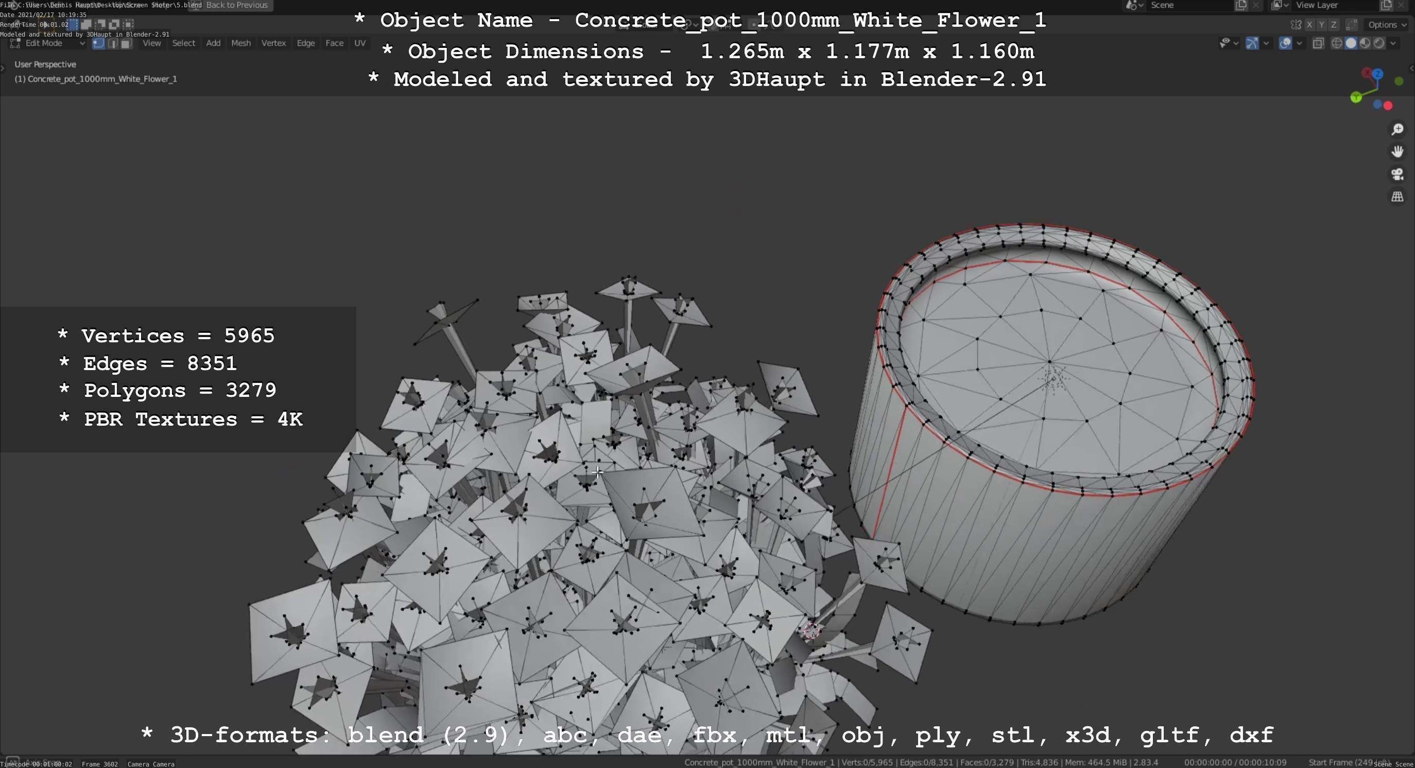 Concrete Pipe Pot 1000mm with White Version 1 Low-poly 3D model_54