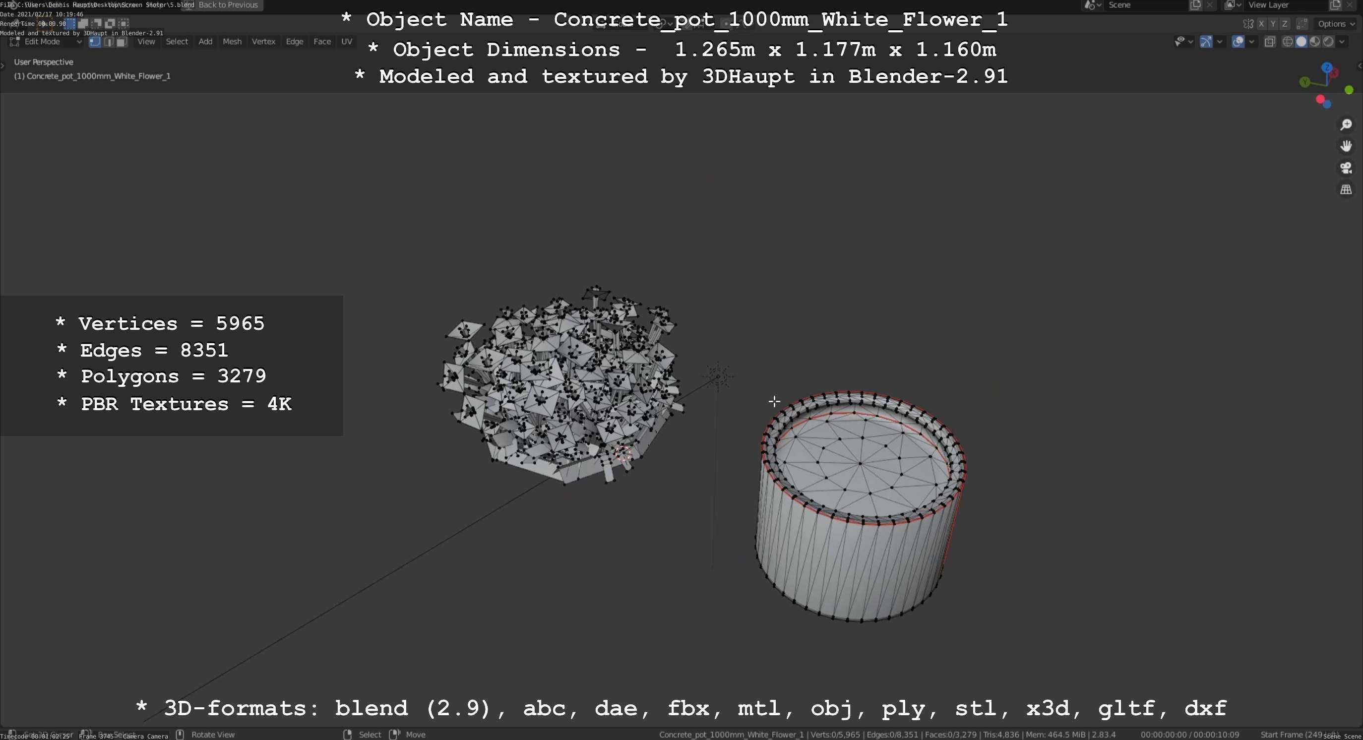 Concrete Pipe Pot 1000mm with White Version 1 Low-poly 3D model_59