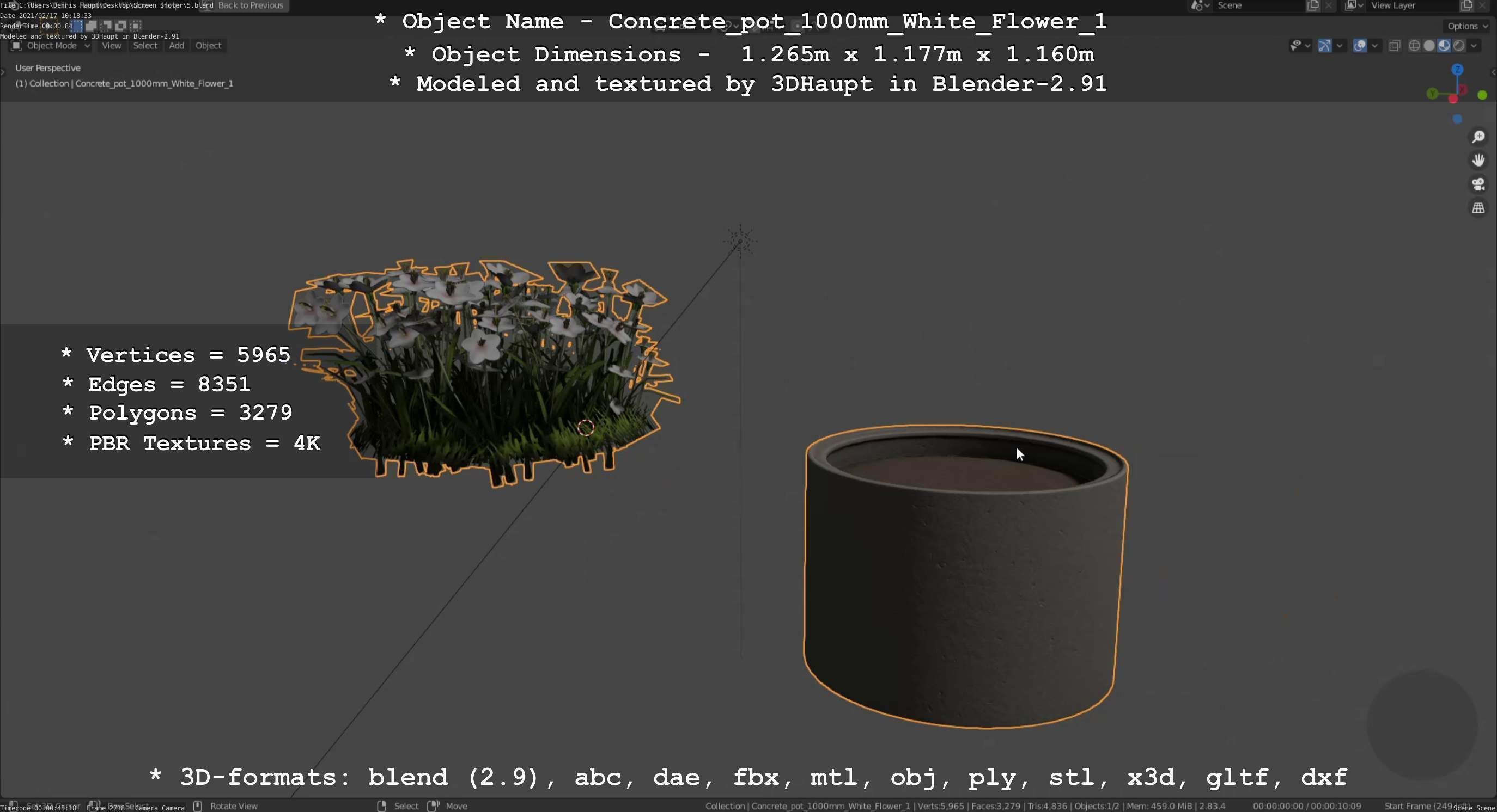 Concrete Pipe Pot 1000mm with White Version 1 Low-poly 3D model_12