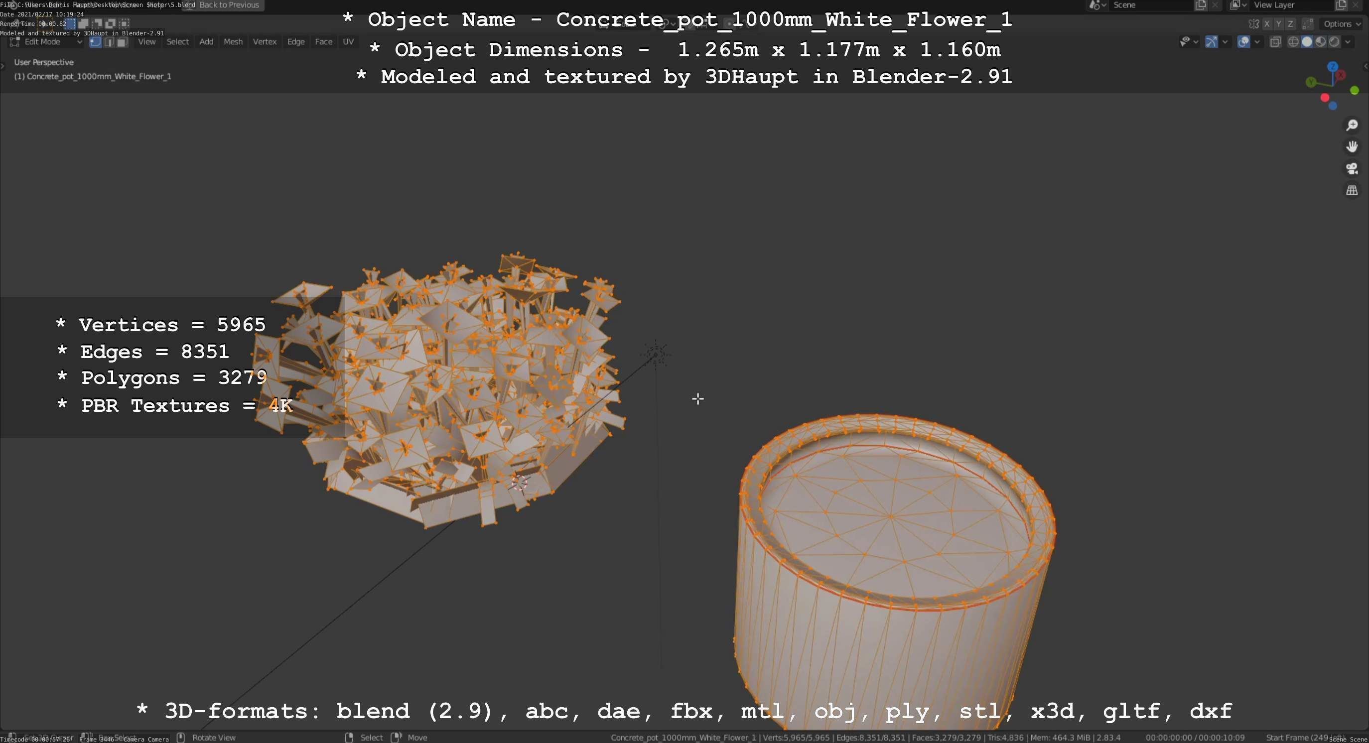 Concrete Pipe Pot 1000mm with White Version 1 Low-poly 3D model_49