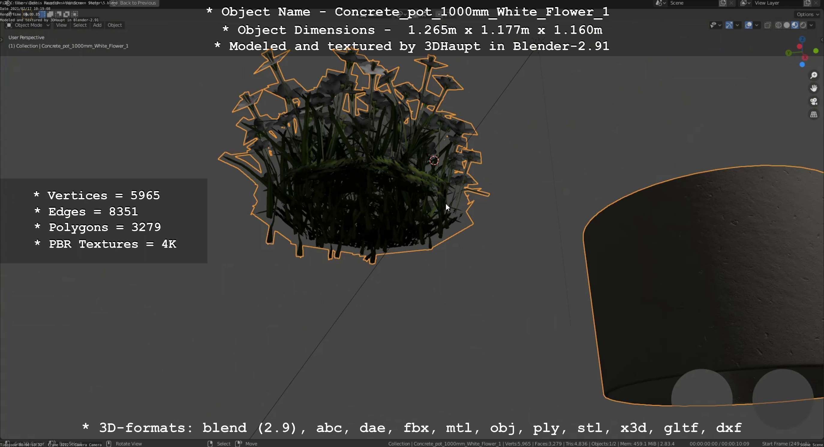 Concrete Pipe Pot 1000mm with White Version 1 Low-poly 3D model_38
