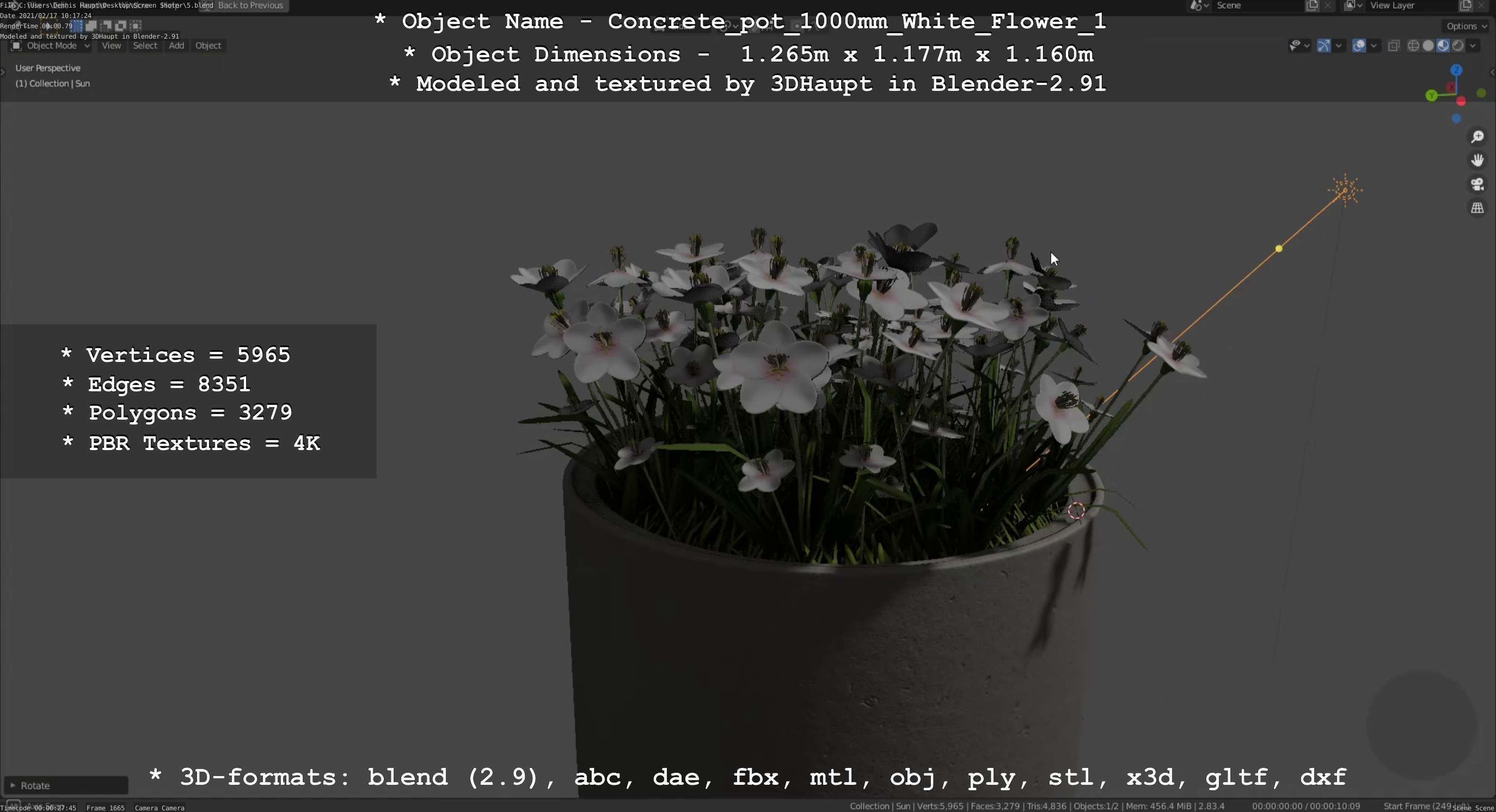 Concrete Pipe Pot 1000mm with White Version 1 Low-poly 3D model_34