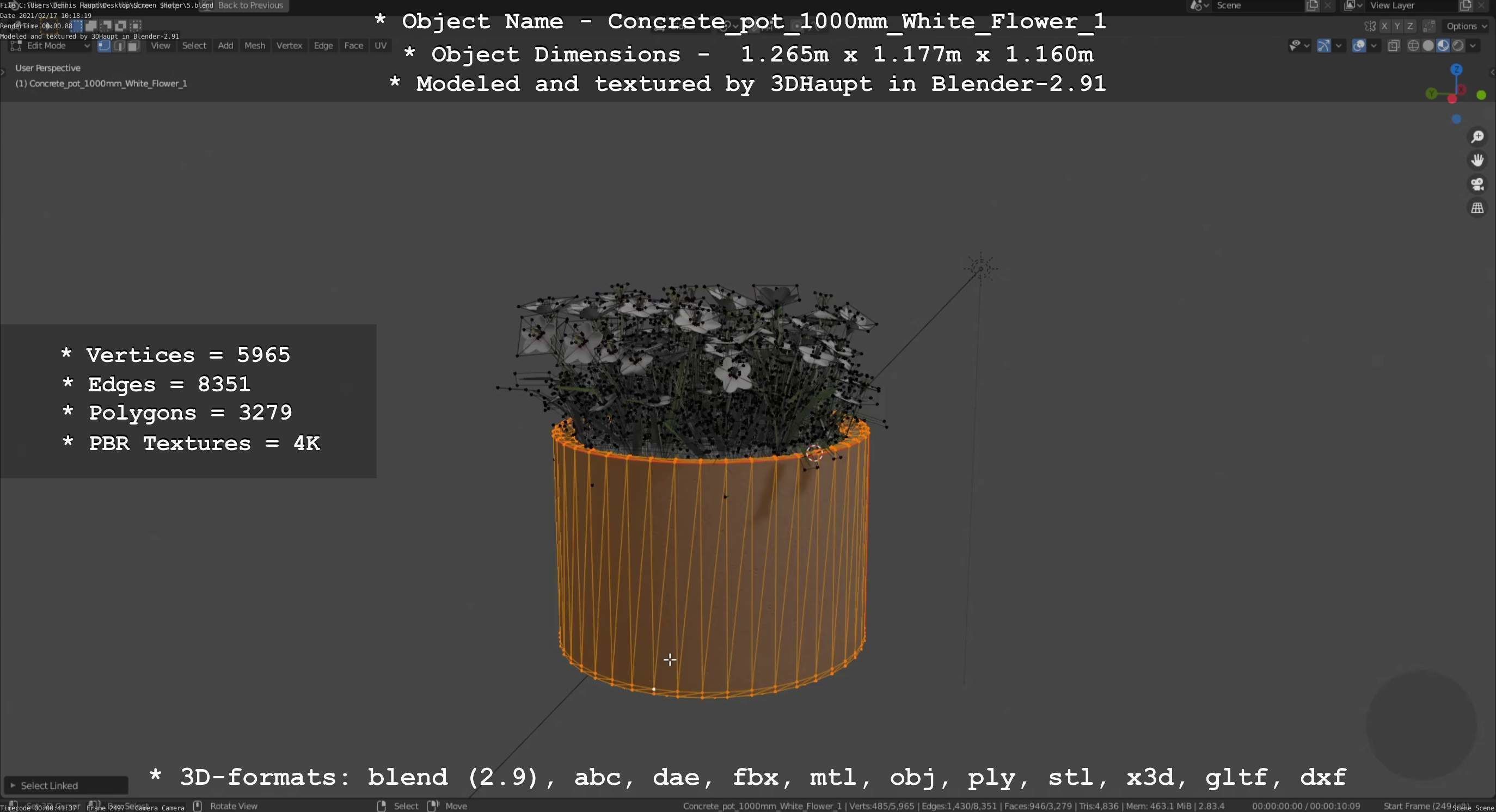 Concrete Pipe Pot 1000mm with White Version 1 Low-poly 3D model_98